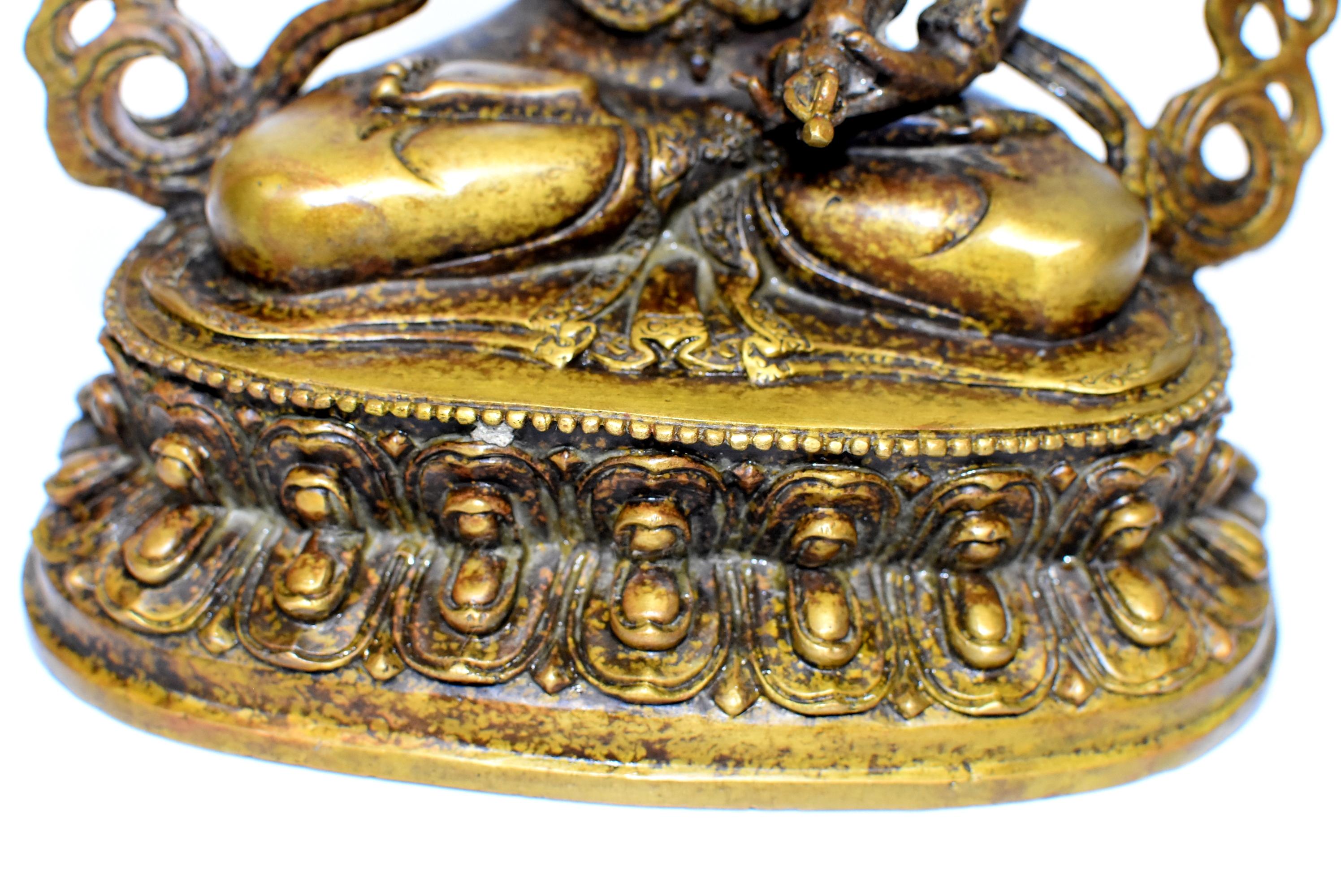 Bronze Tibetan Buddha Vajrassatva with Dorje and Bell, Mottled Gold  2