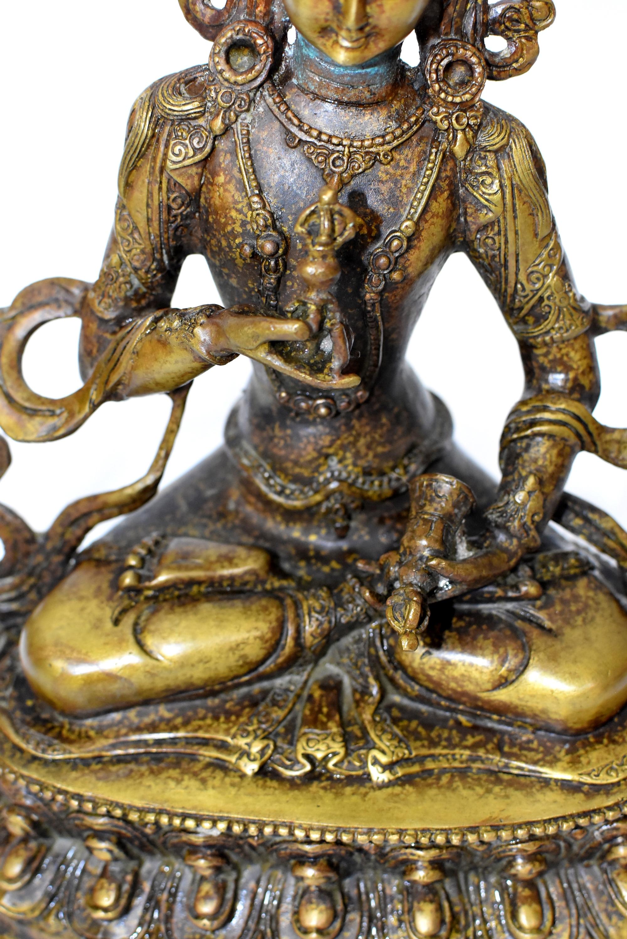 Bronze Tibetan Buddha Vajrassatva with Dorje and Bell, Mottled Gold  4