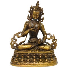 Vintage Bronze Tibetan Buddha Vajrassatva with Dorje and Bell, Mottled Gold 