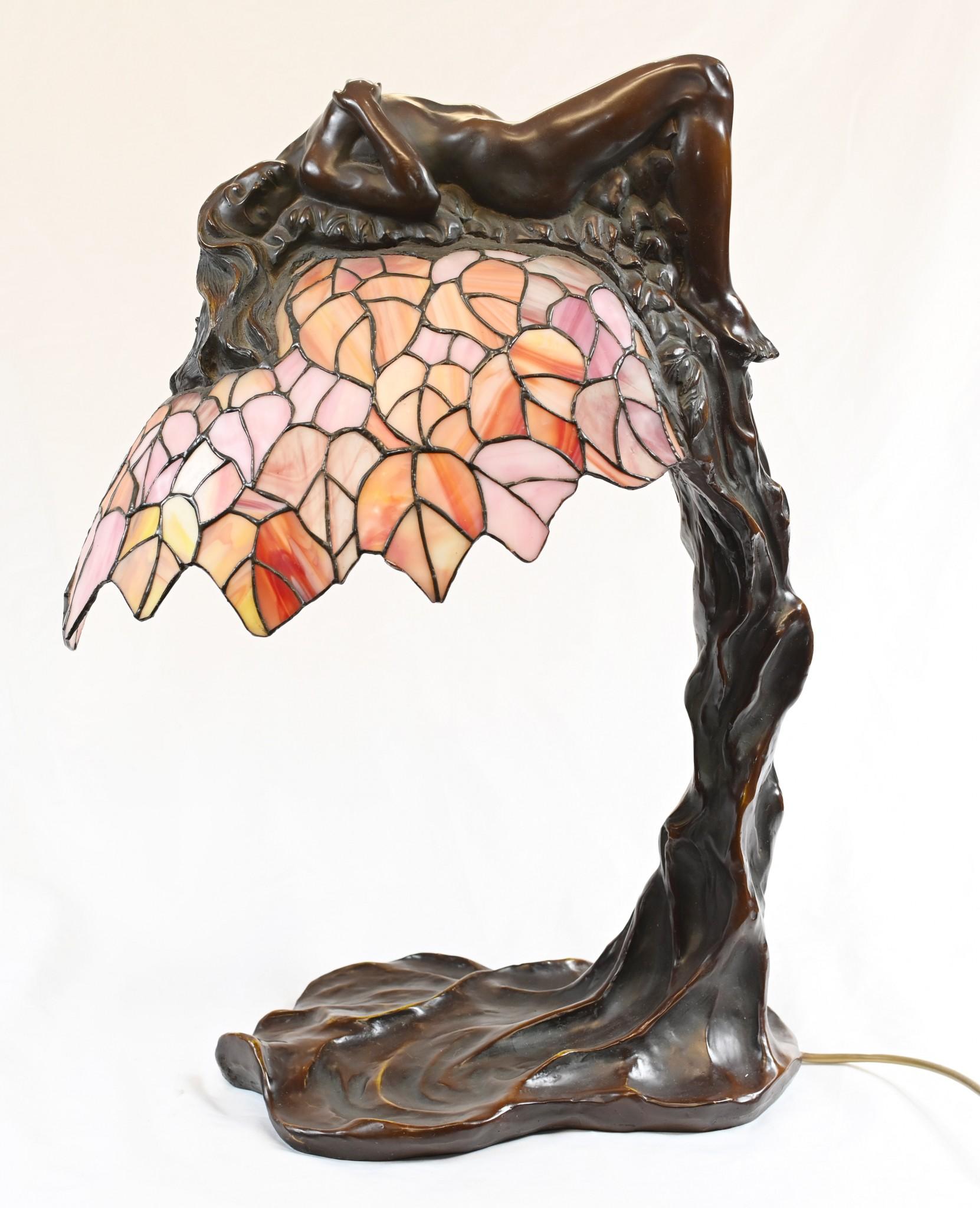 Mid-20th Century Bronze Tiffany Lamp Art Nouveau Female Nude Light