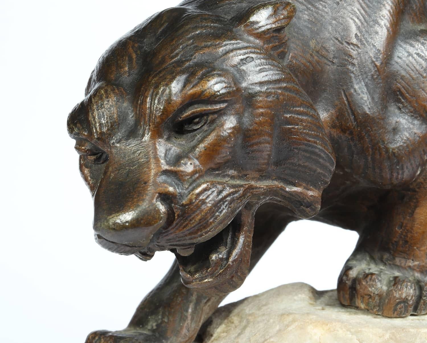 French Bronze Tiger on a Rock by James Andrey, France, circa 1920 For Sale