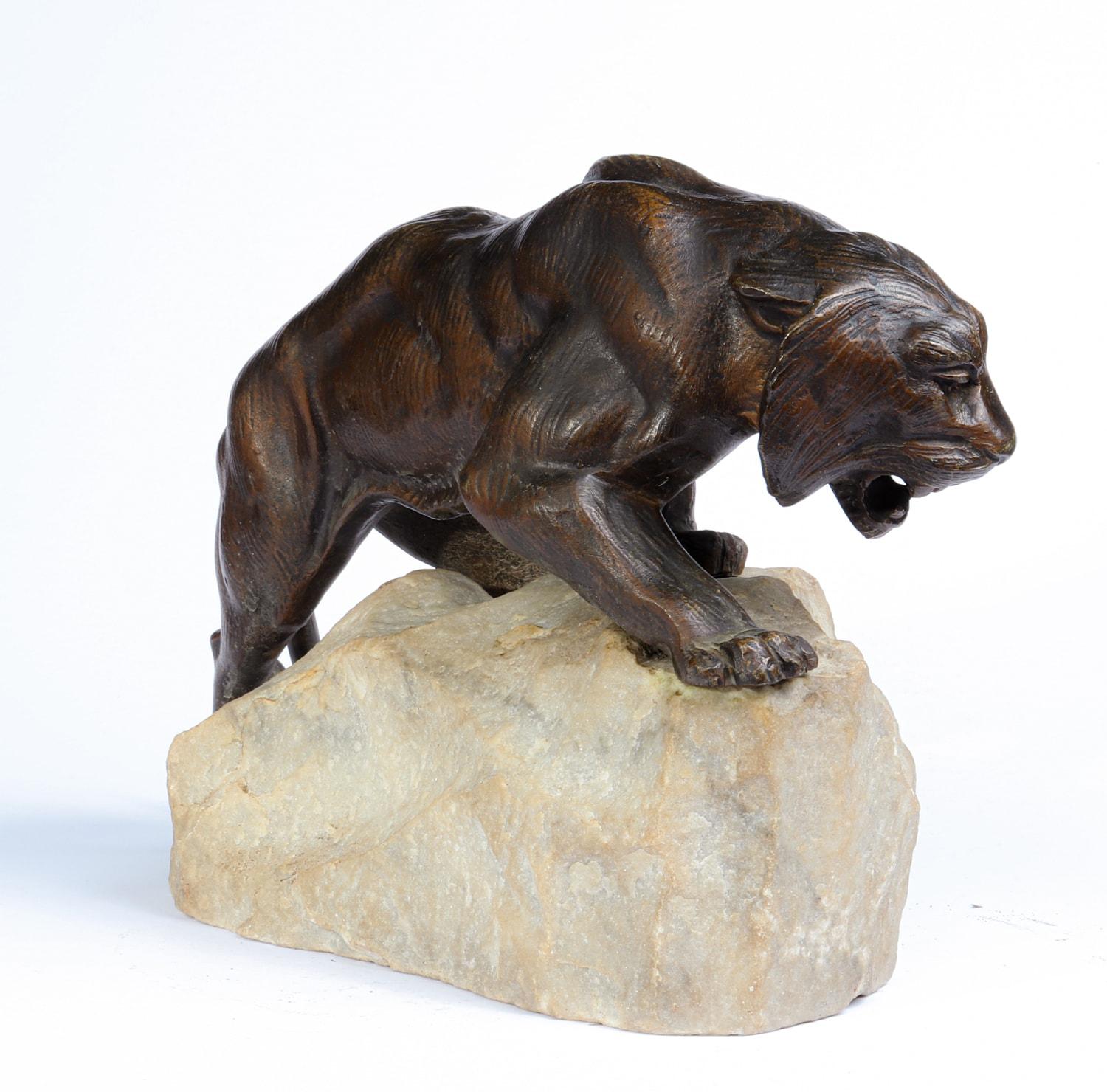 Early 20th Century Bronze Tiger on a Rock by James Andrey, France, circa 1920 For Sale