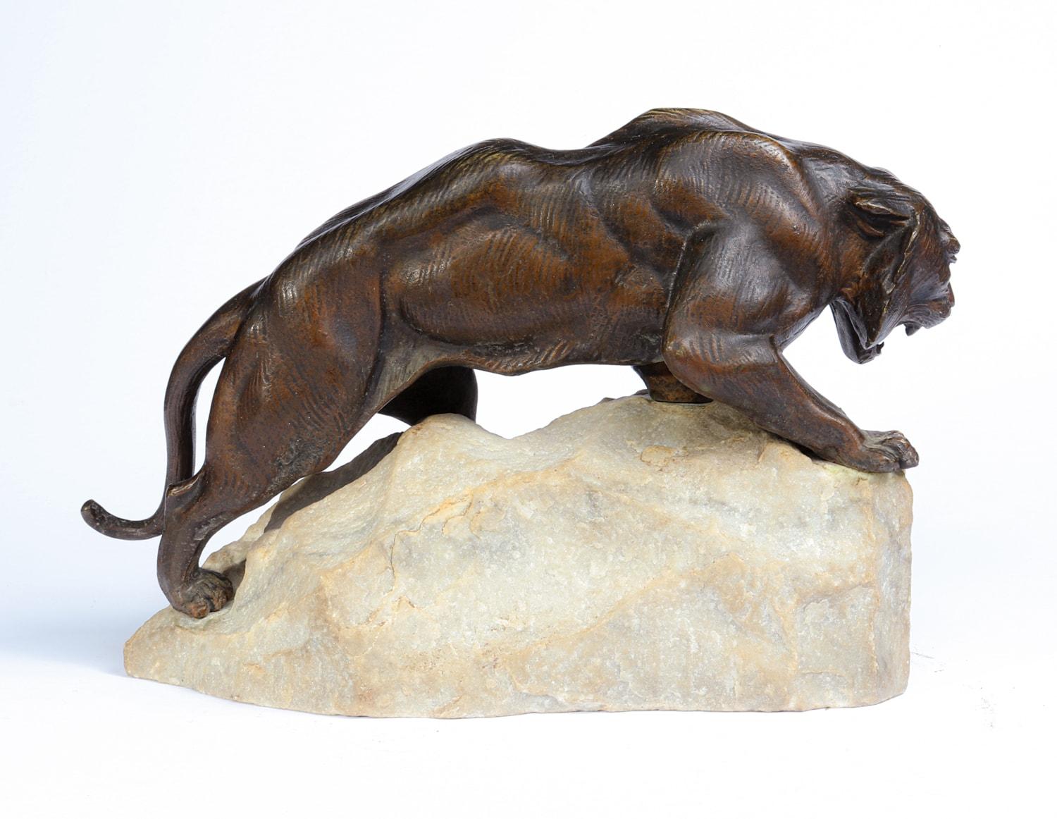 Bronze Tiger on a Rock by James Andrey, France, circa 1920 For Sale 1