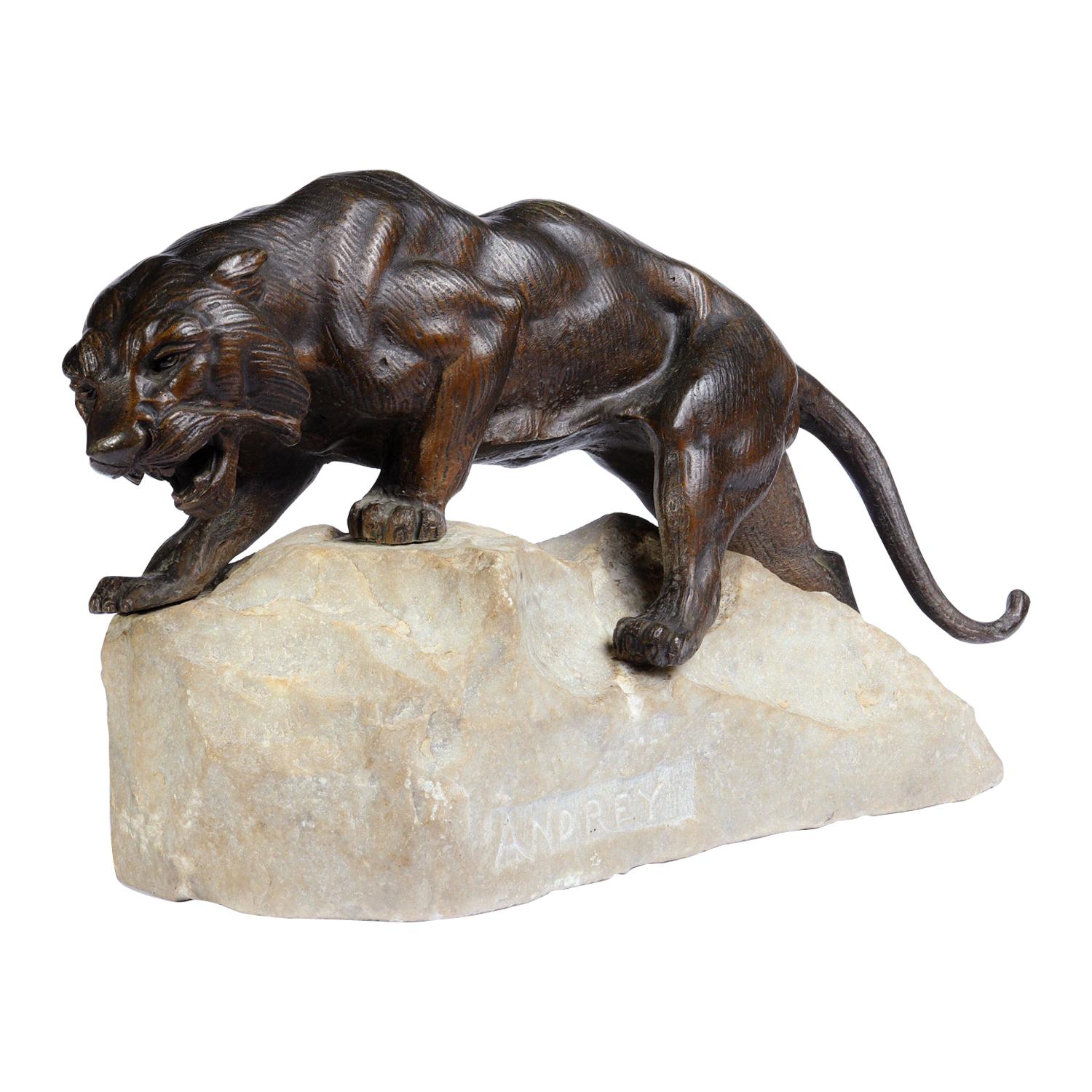 Bronze Tiger on a Rock by James Andrey, France, circa 1920 For Sale