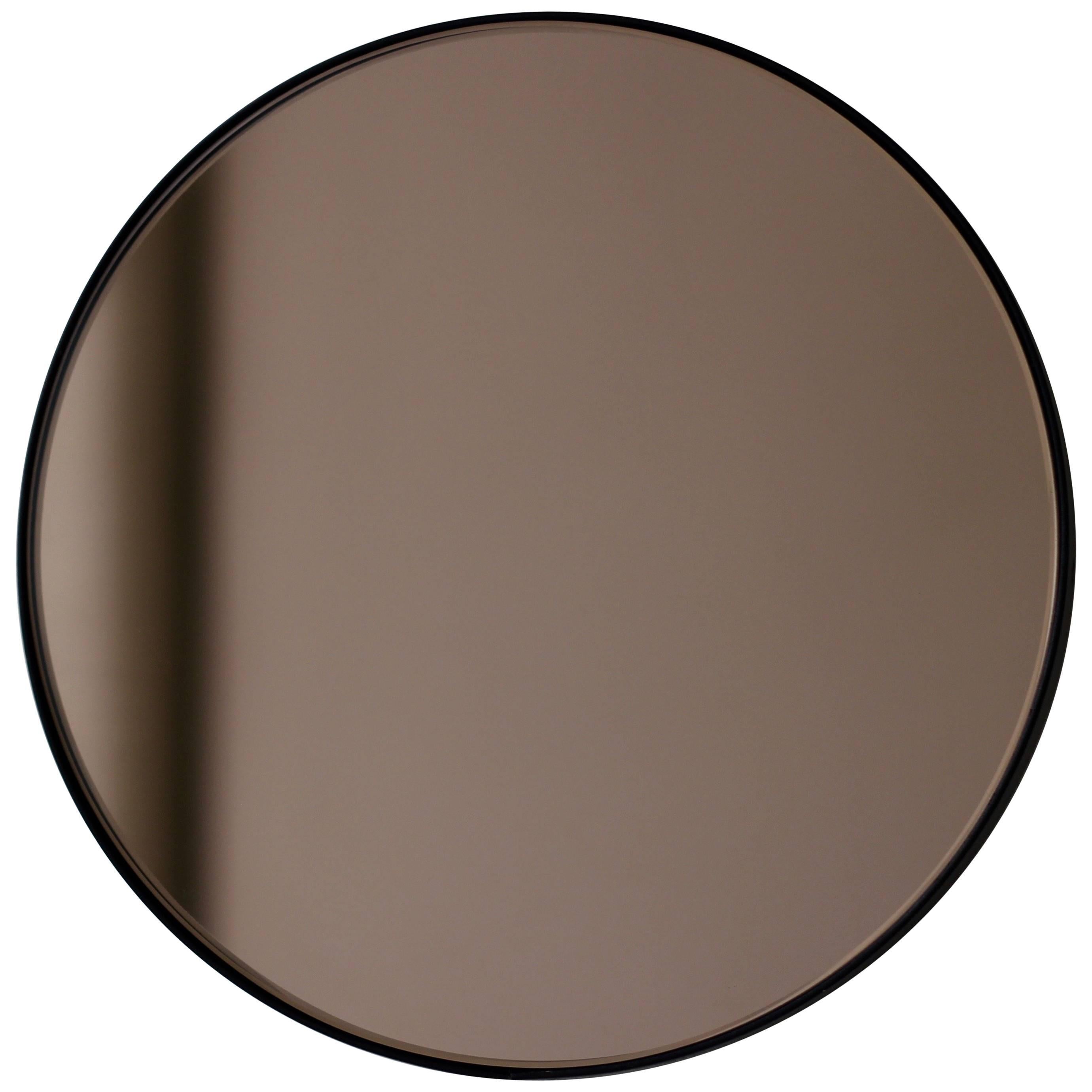 Orbis  Bronze Tinted Modern Art Deco Round Mirror with Black Frame, XL For Sale