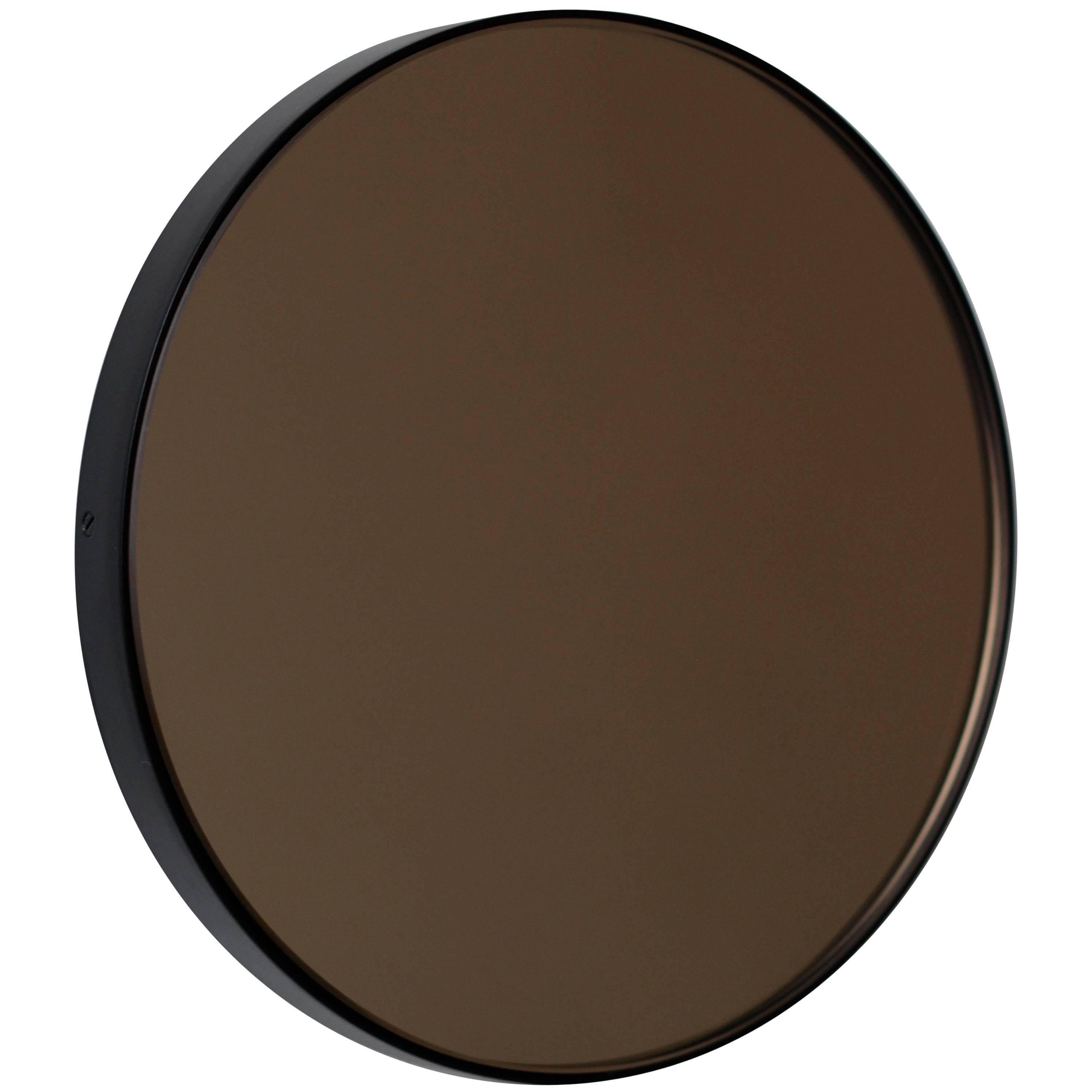 Orbis Bronze Tinted Modernist Round Mirror w Black Frame Customisable, Medium