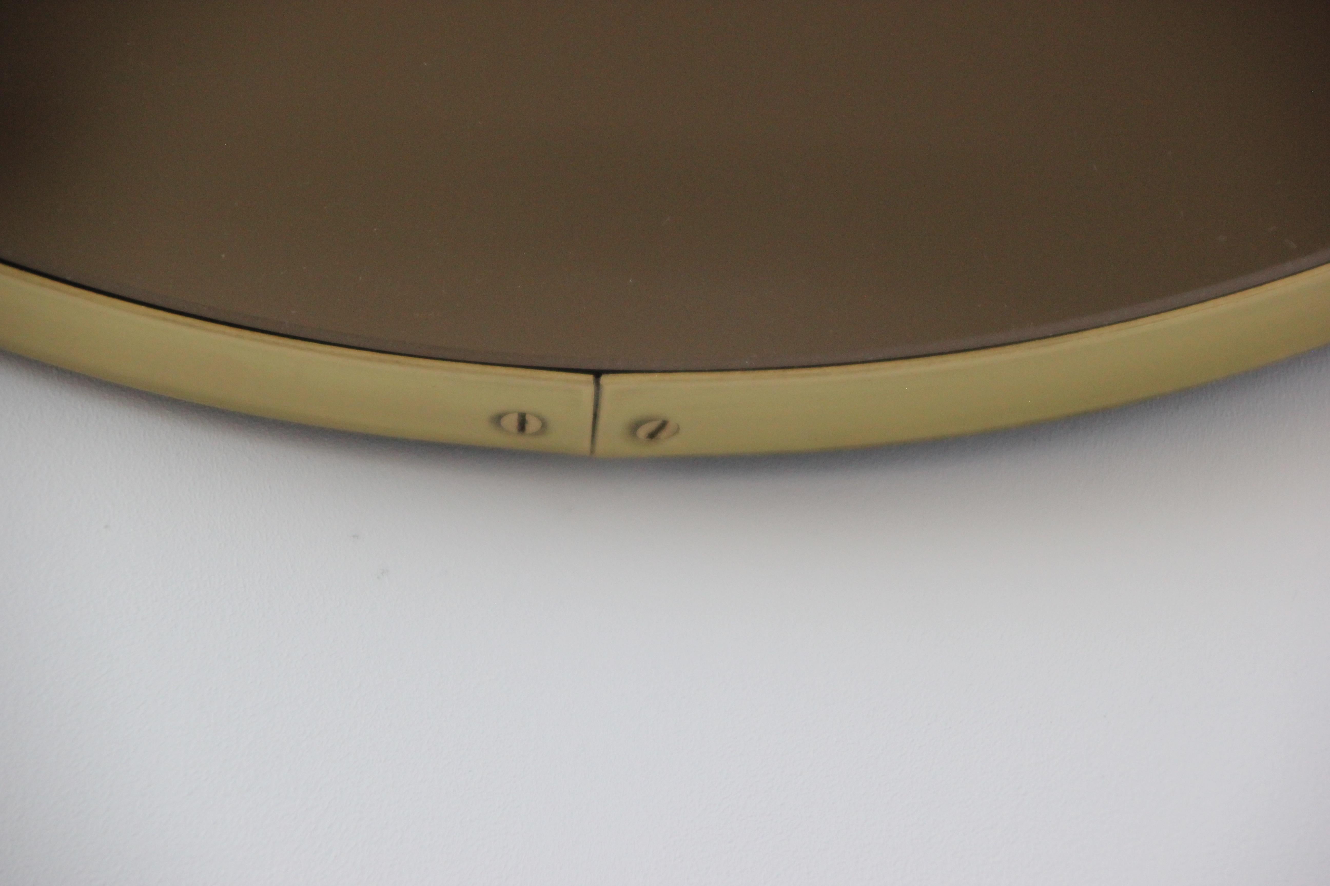 Brushed Orbis Bronze Tinted Minimalist Circular Mirror, Brass Frame, Small For Sale