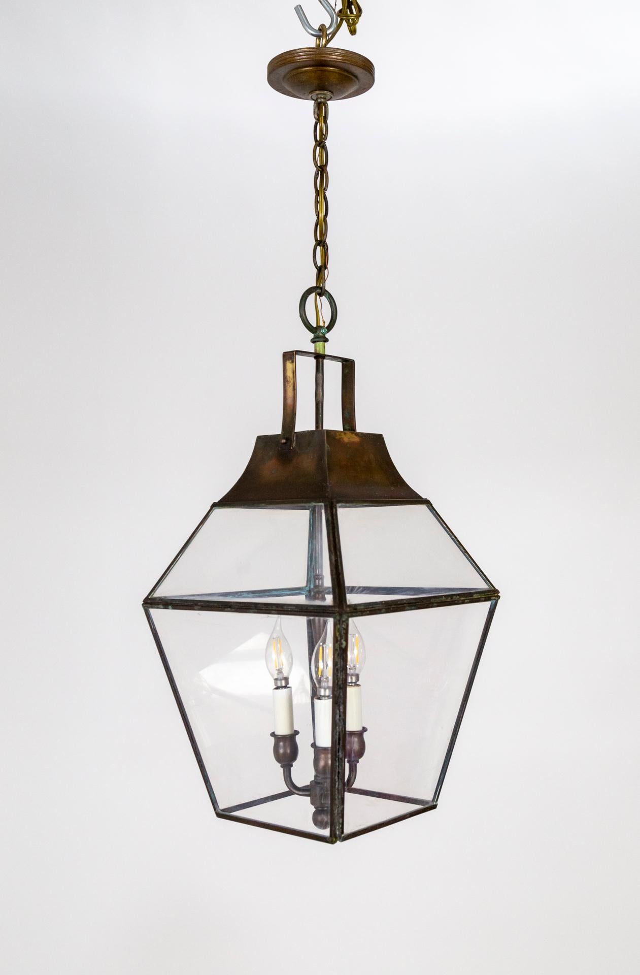 Bronze-Toned 3-Light Copper Lantern In Good Condition For Sale In San Francisco, CA