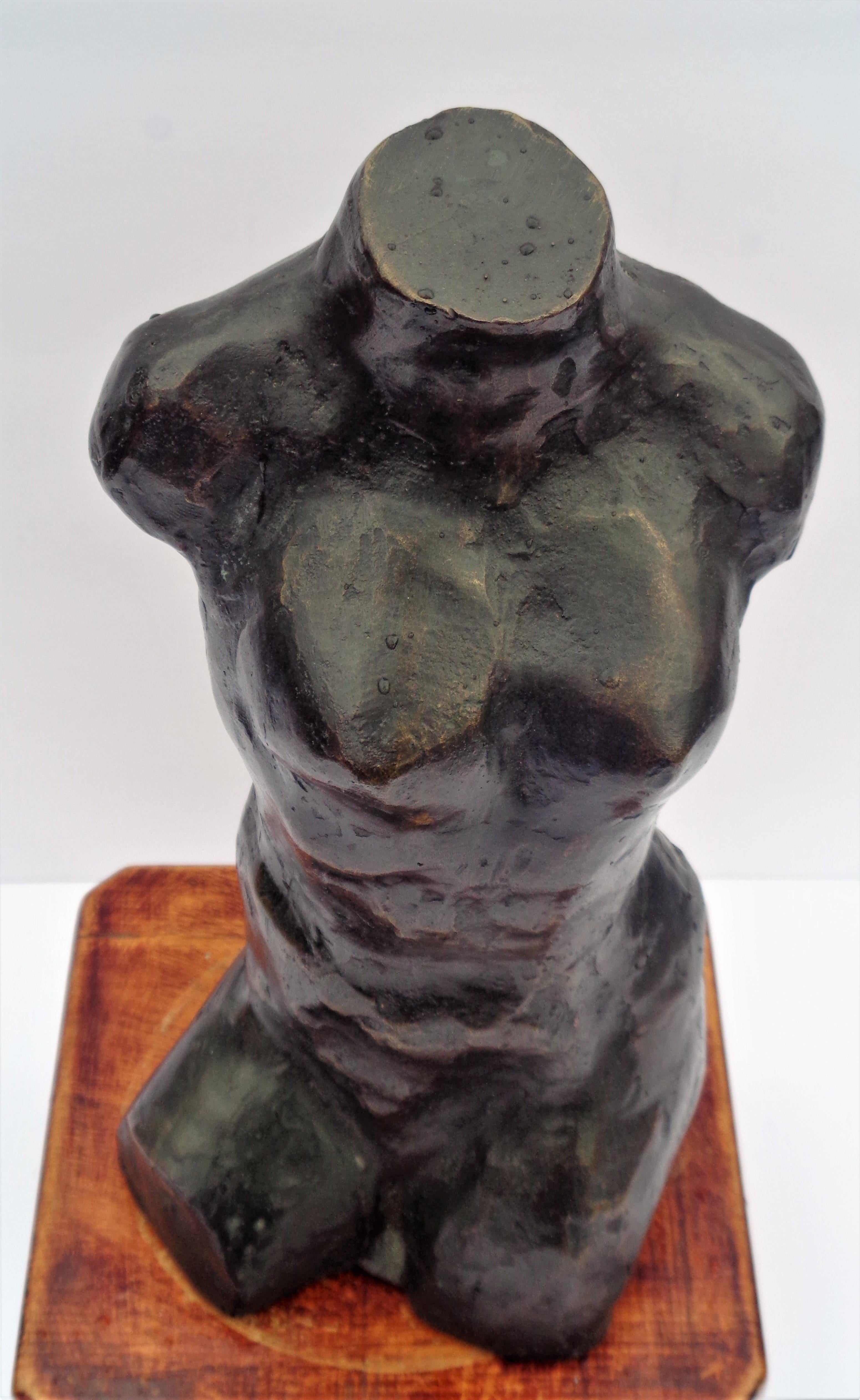 Bronze nude female torso sculpture on wood stand by .Mordechai Avniel (1900-1989) Israeli painter and sculptor. His works are in numerous museum collections in Israel and abroad, including the Metropolitan Museum in NYC and the Carnegie Institute in
