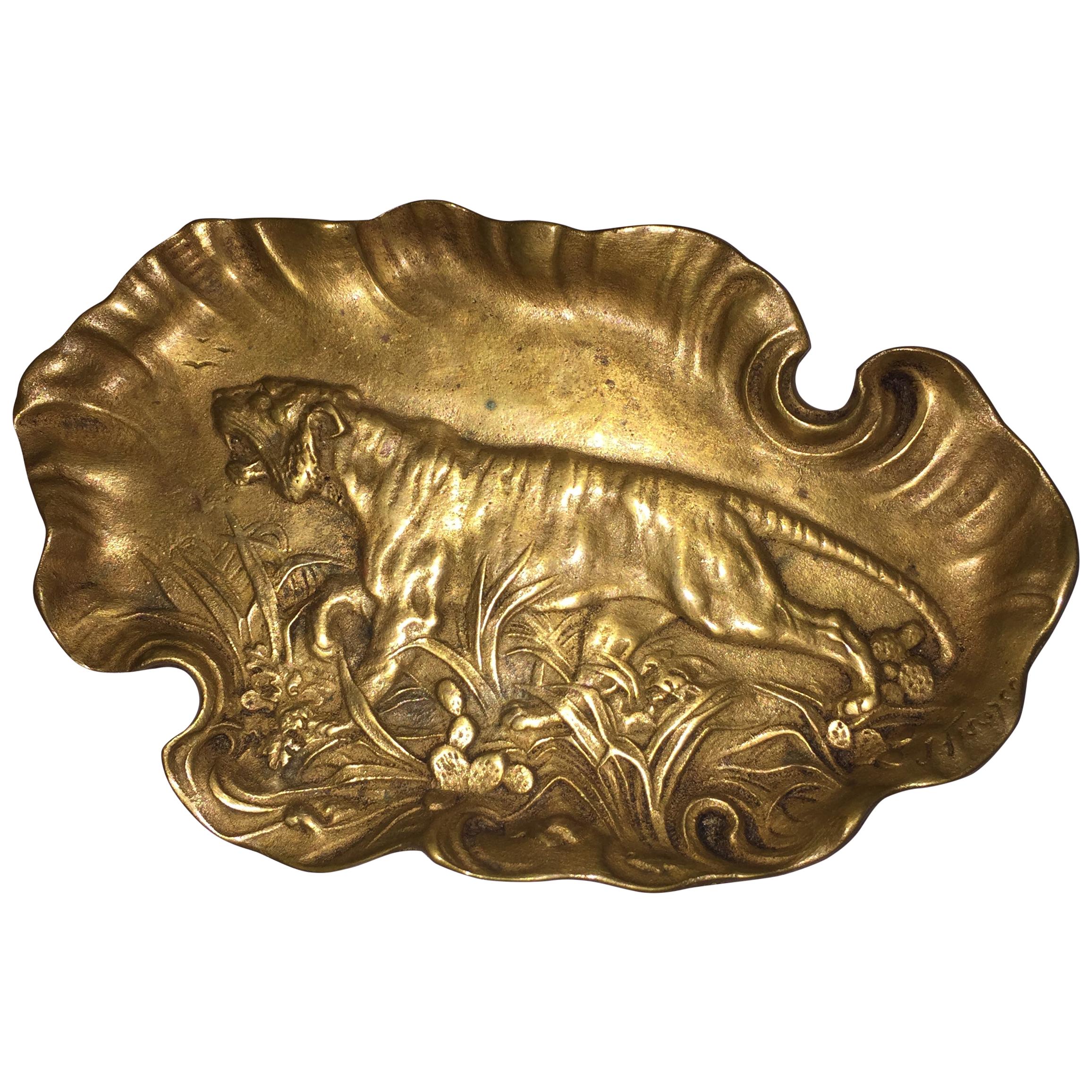 Bronze Tray or Vide-Poche, with Embossed Tiger, Signed and Dated