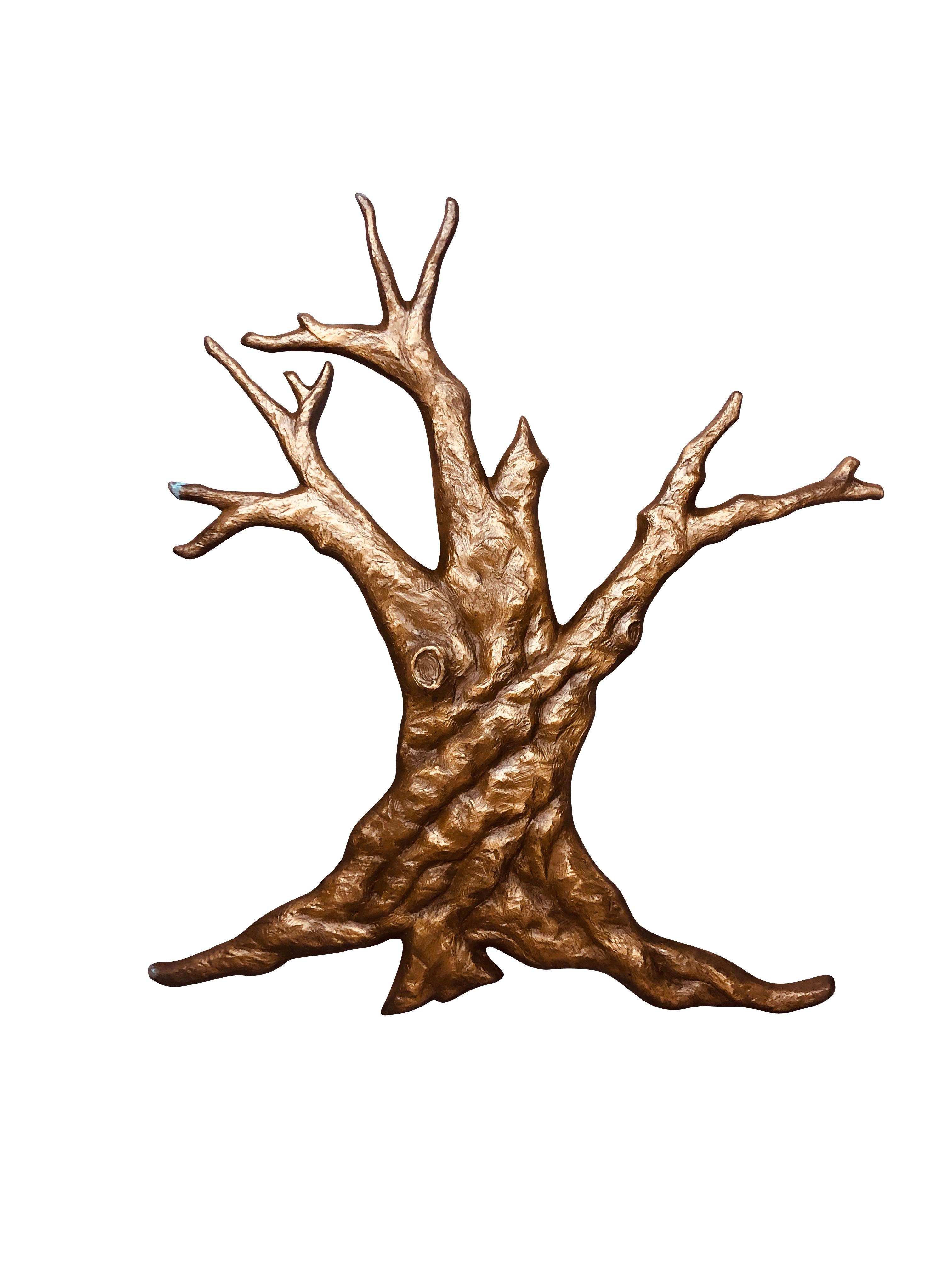 Natural bronze tree midcentury 1950s garden wall sculpture measuring 48 inches high by 39 inches wide by 1.25 inches in depth. Lifelike tree form sculpture of tree root and trunk with finely incised detail of tree bark. Fabulous natural wall