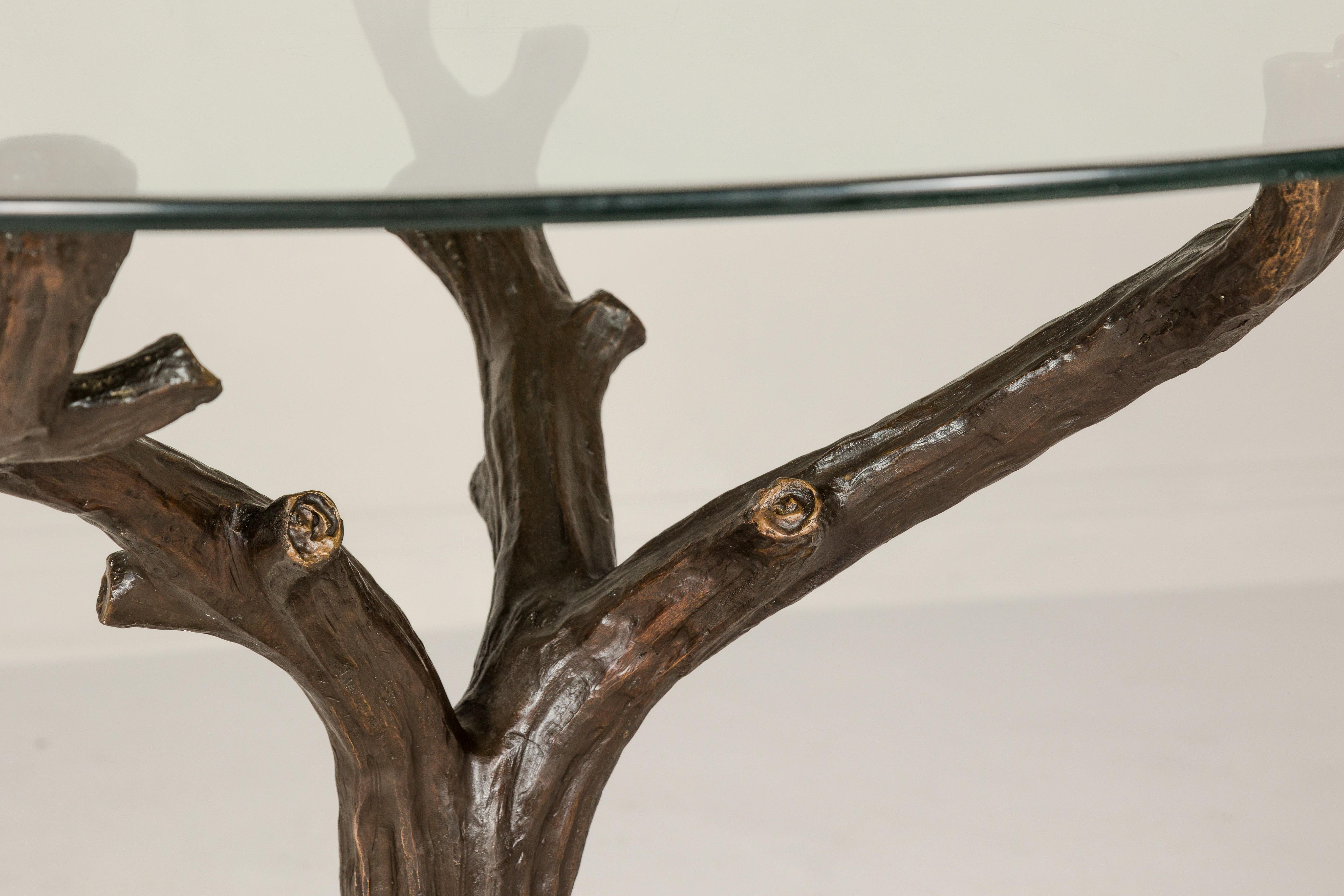 Contemporary Bronze Tree Table Base with Rich Dark Brown Patina, Glass Top not Included  For Sale