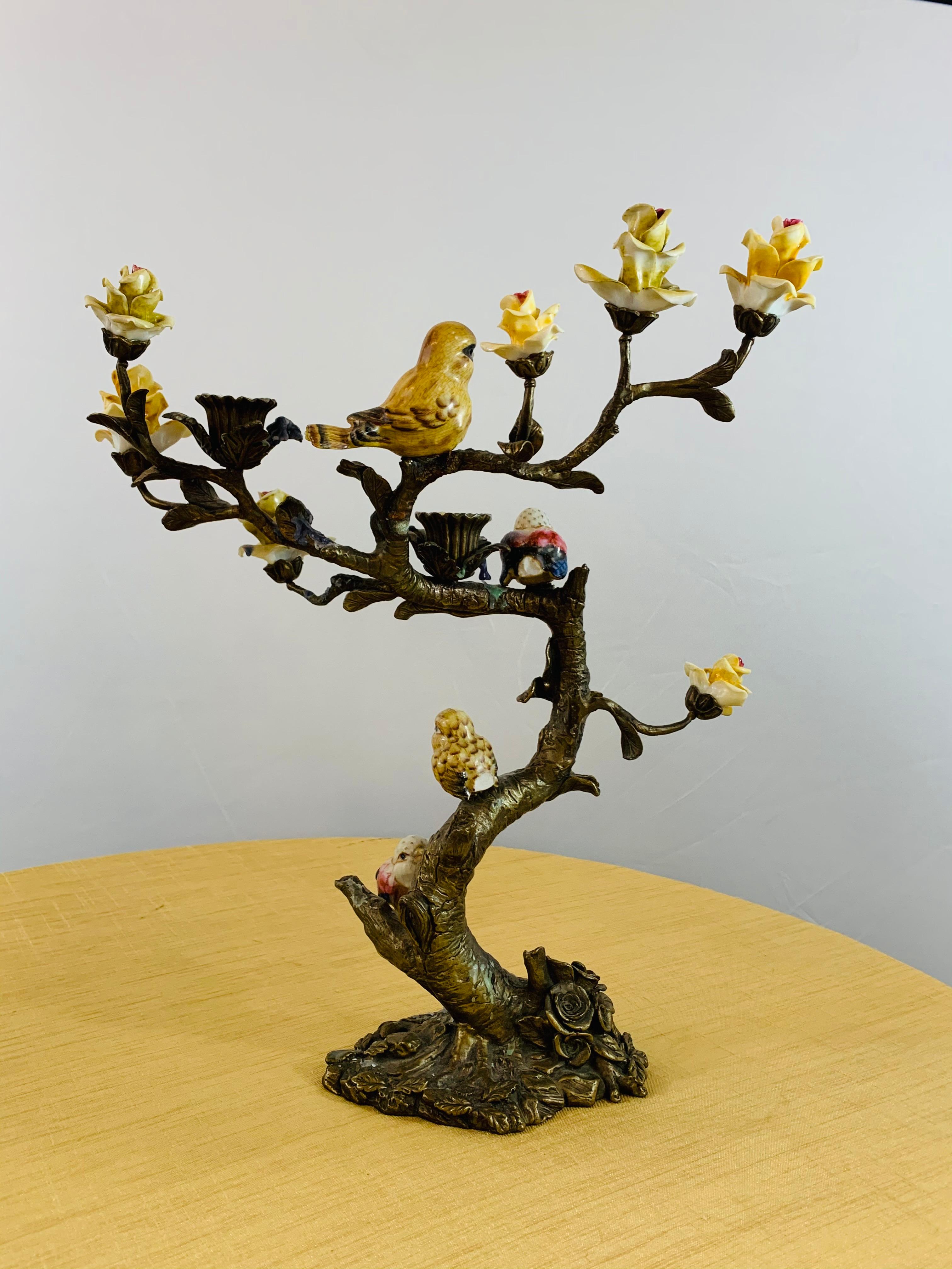 Bronze Tree with Birds and Flowers Candleholder or Candelabra, a Pair 3