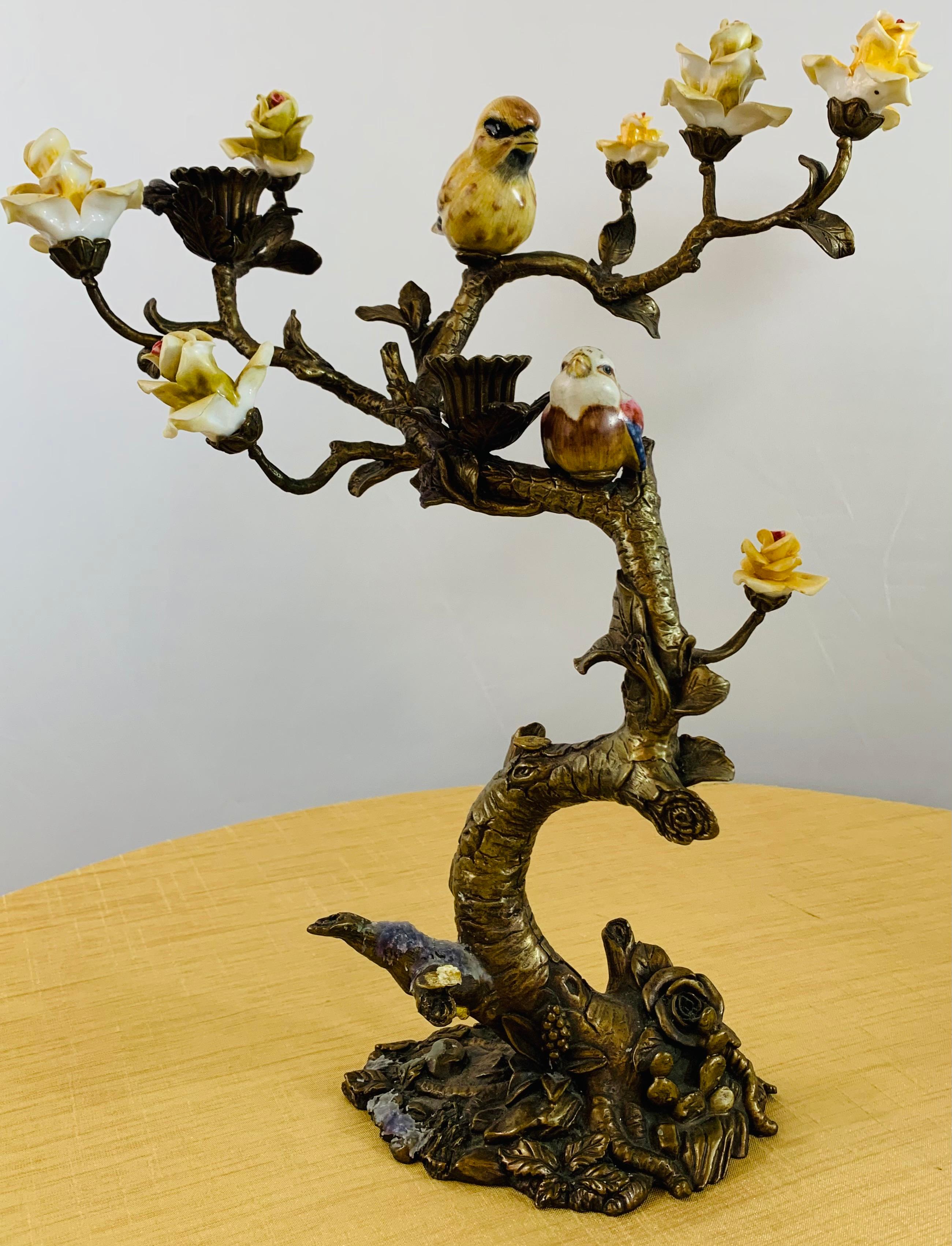 Bronze Tree with Birds and Flowers Candleholder or Candelabra, a Pair 4