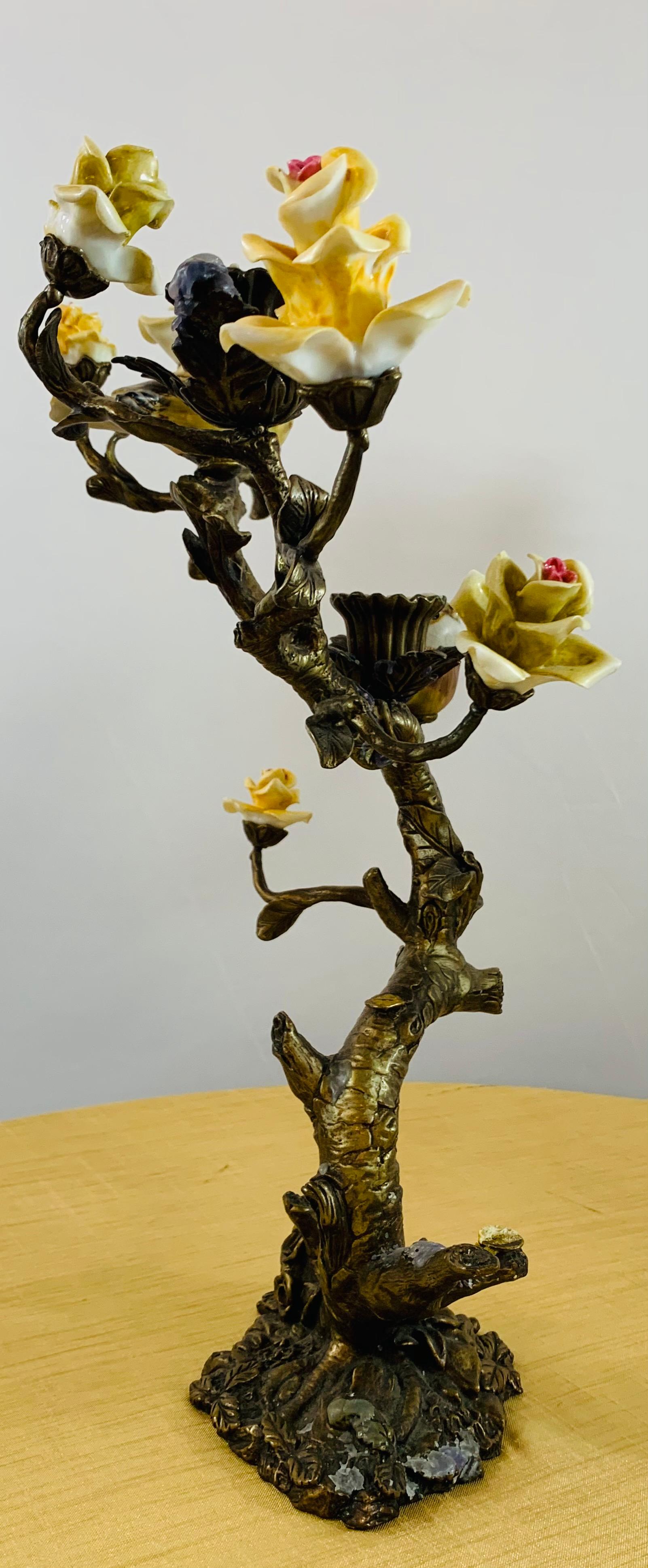 Bronze Tree with Birds and Flowers Candleholder or Candelabra, a Pair 9