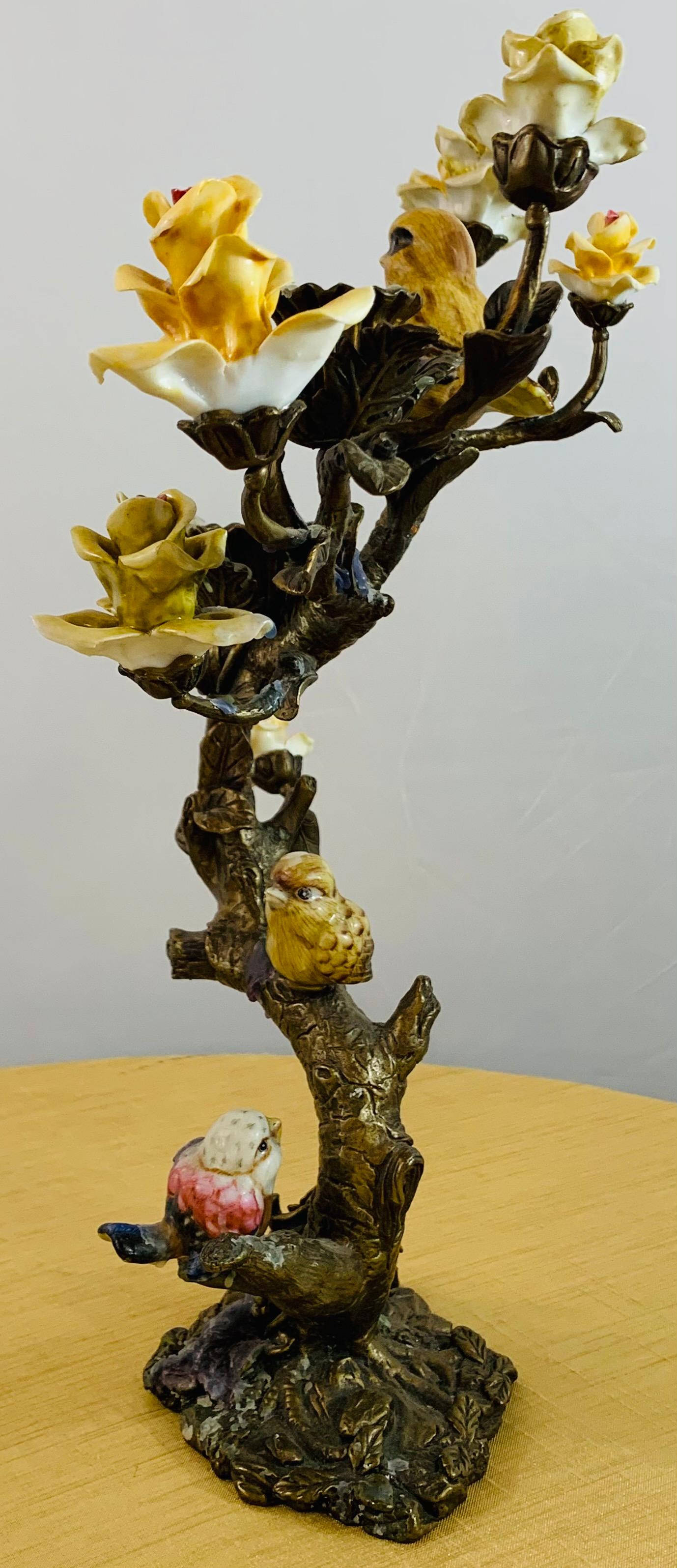 Bronze Tree with Birds and Flowers Candleholder or Candelabra, a Pair 2