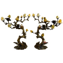 Bronze Tree with Birds and Flowers Candleholder or Candelabra, a Pair