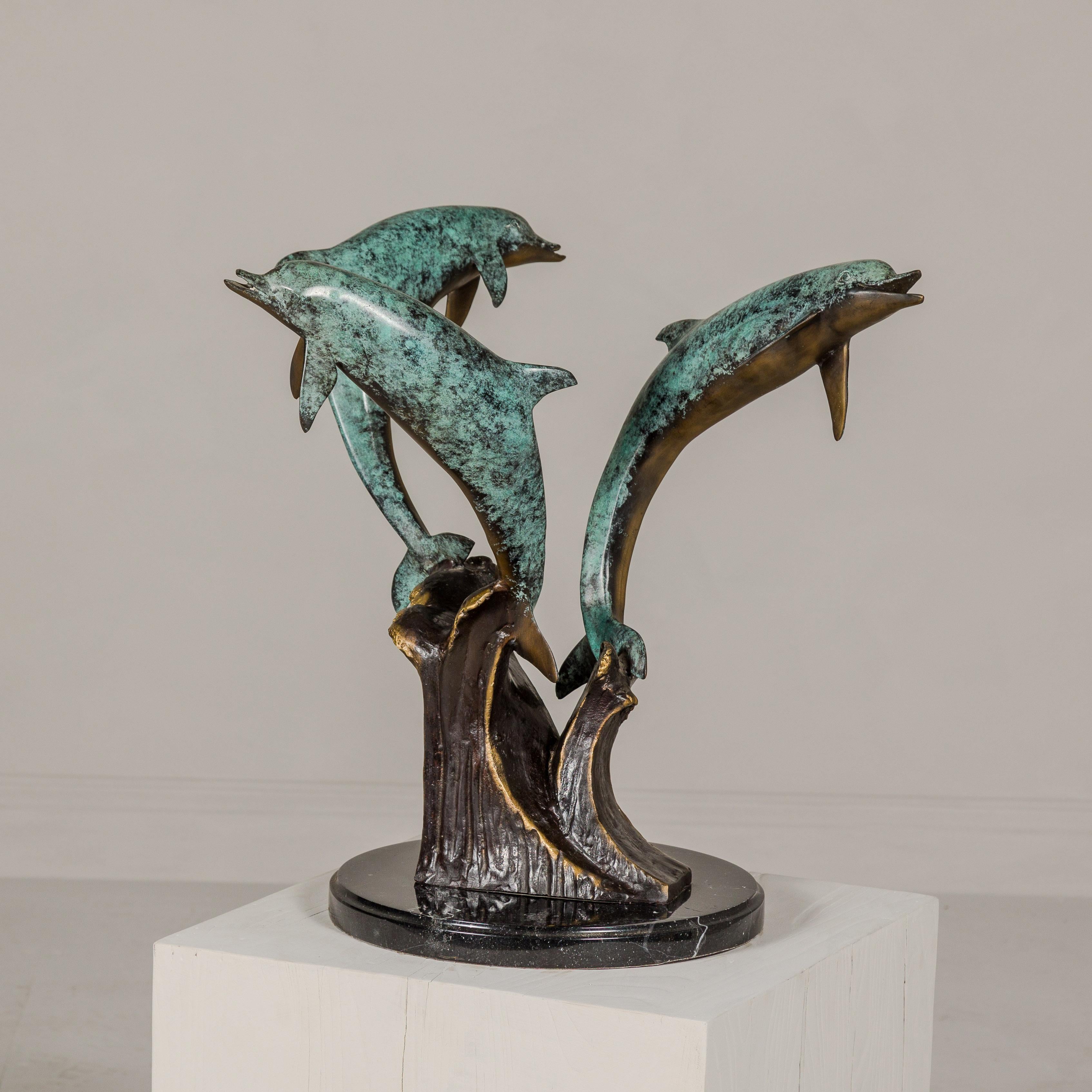 Bronze Triple Dolphin Table Base Sculpture with Verdigri Patina and Marble Stand For Sale 7