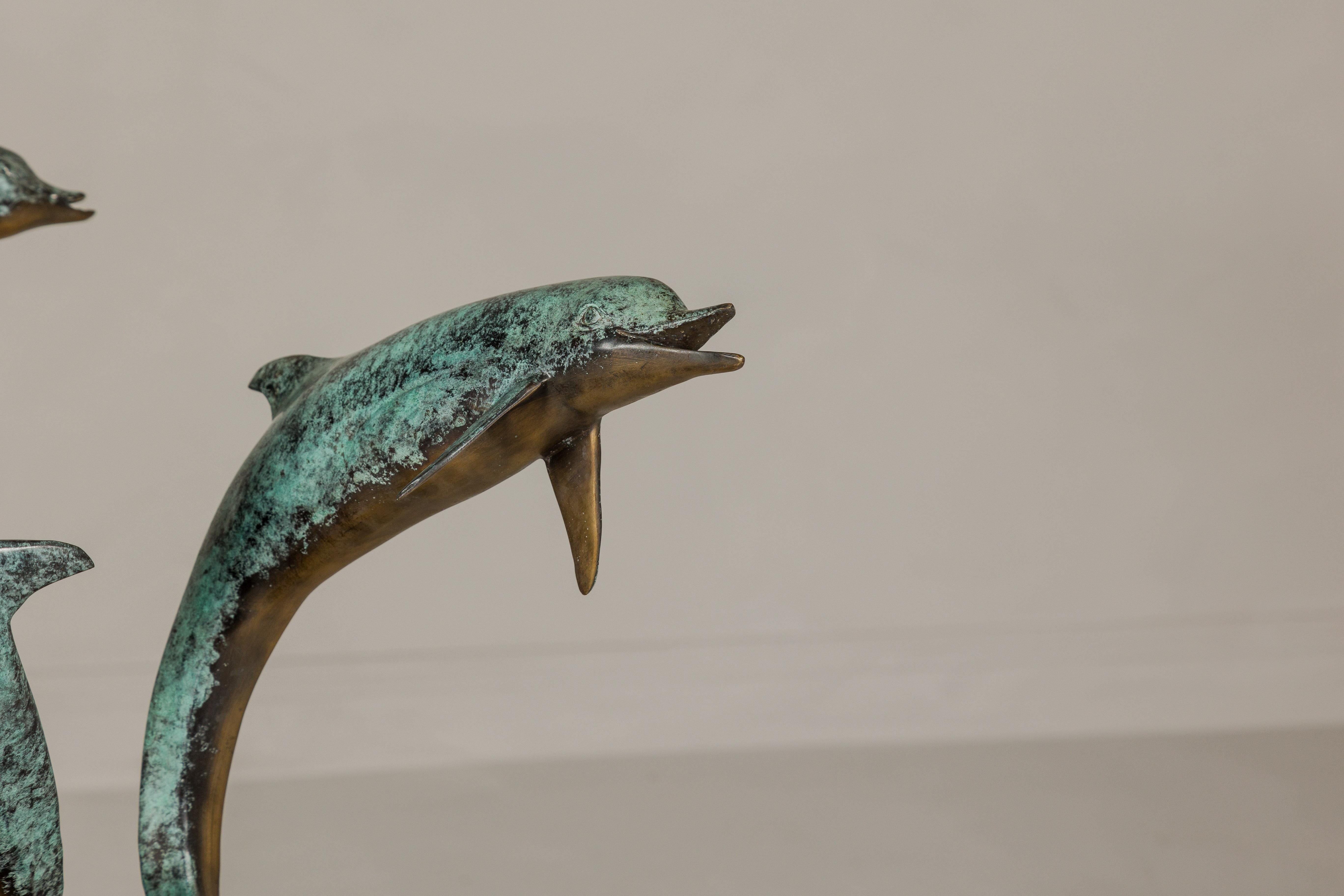 Bronze Triple Dolphin Table Base Sculpture with Verdigri Patina and Marble Stand For Sale 8
