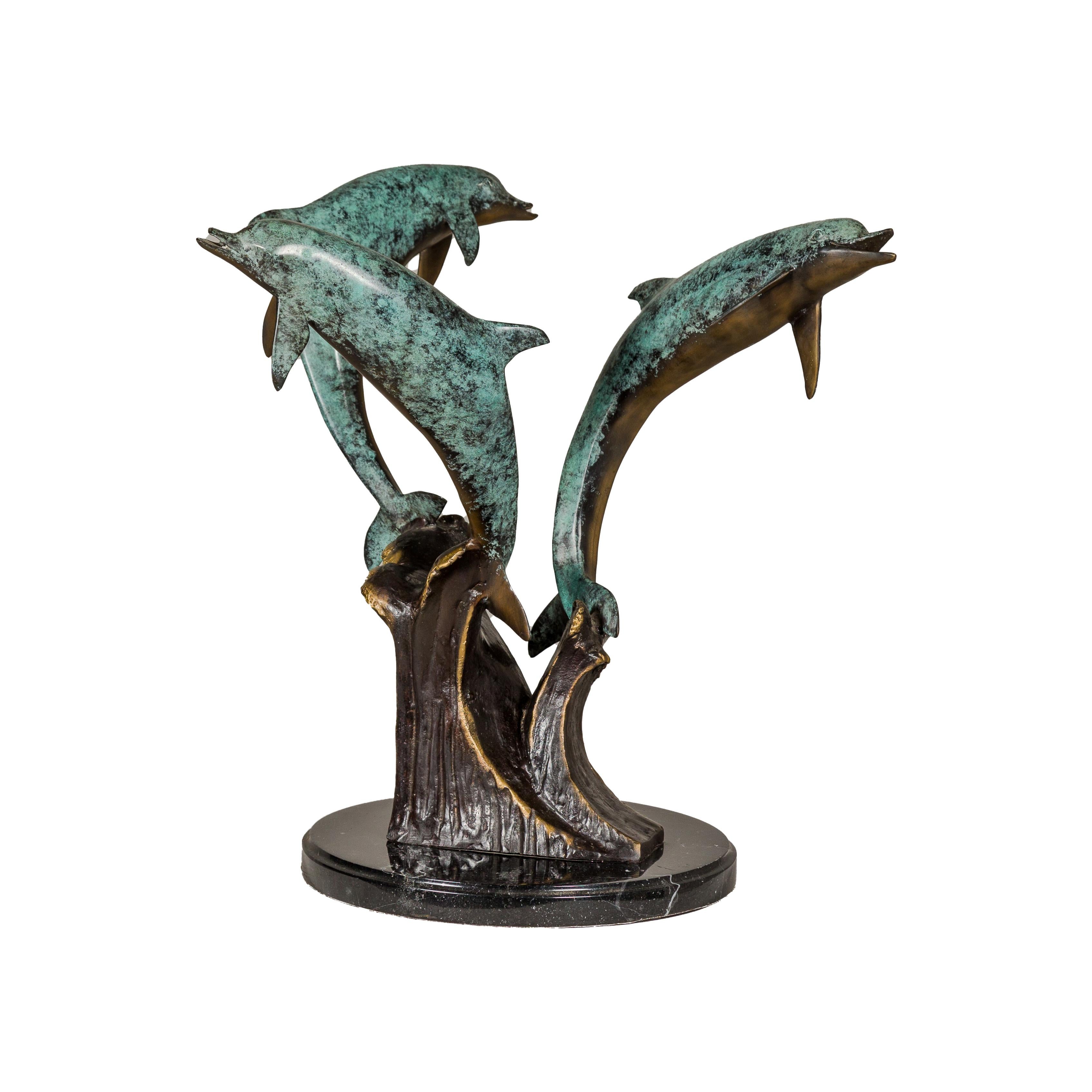 Bronze Triple Dolphin Table Base Sculpture with Verdigri Patina and Marble Stand For Sale 9