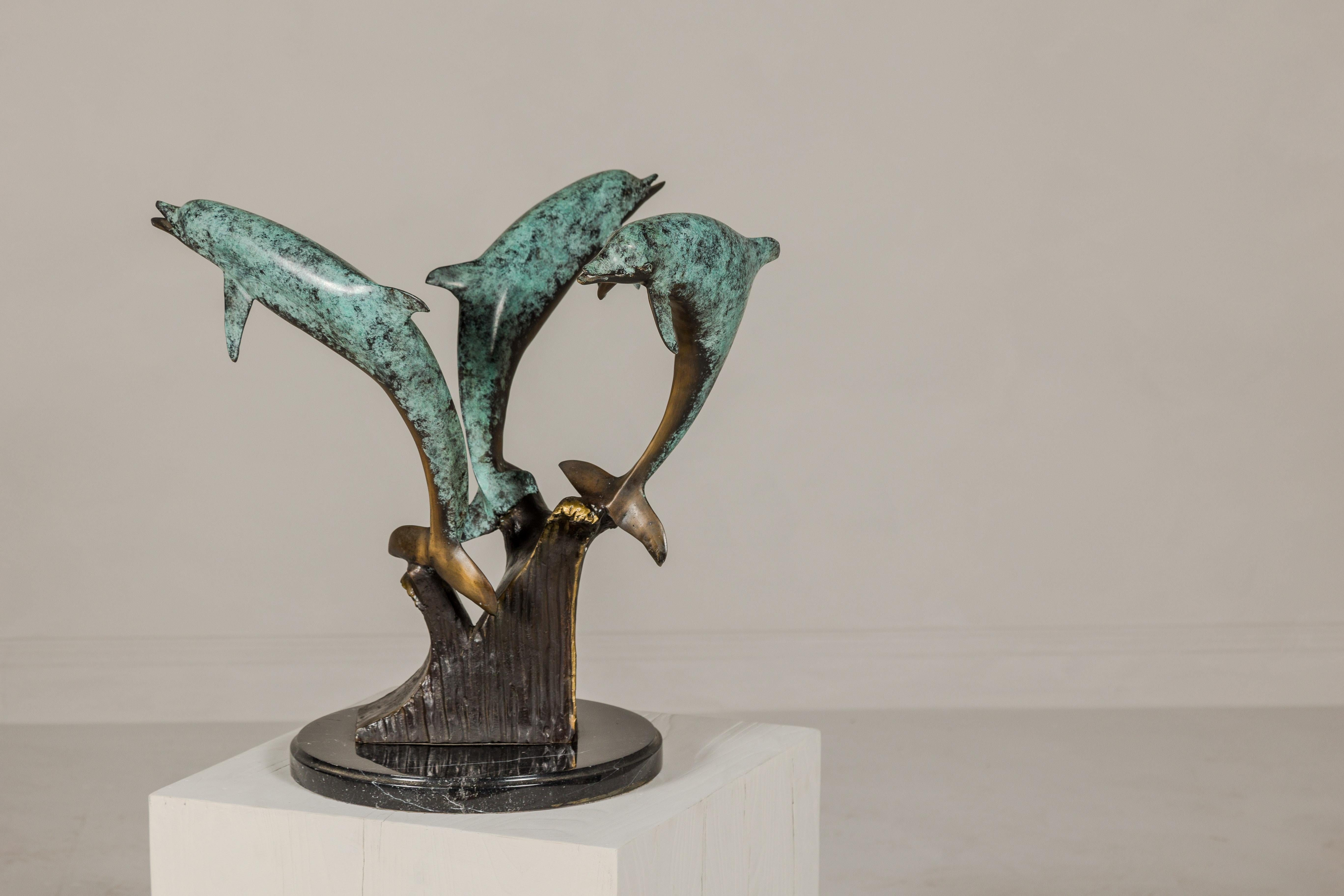 Patinated Bronze Triple Dolphin Table Base Sculpture with Verdigri Patina and Marble Stand For Sale