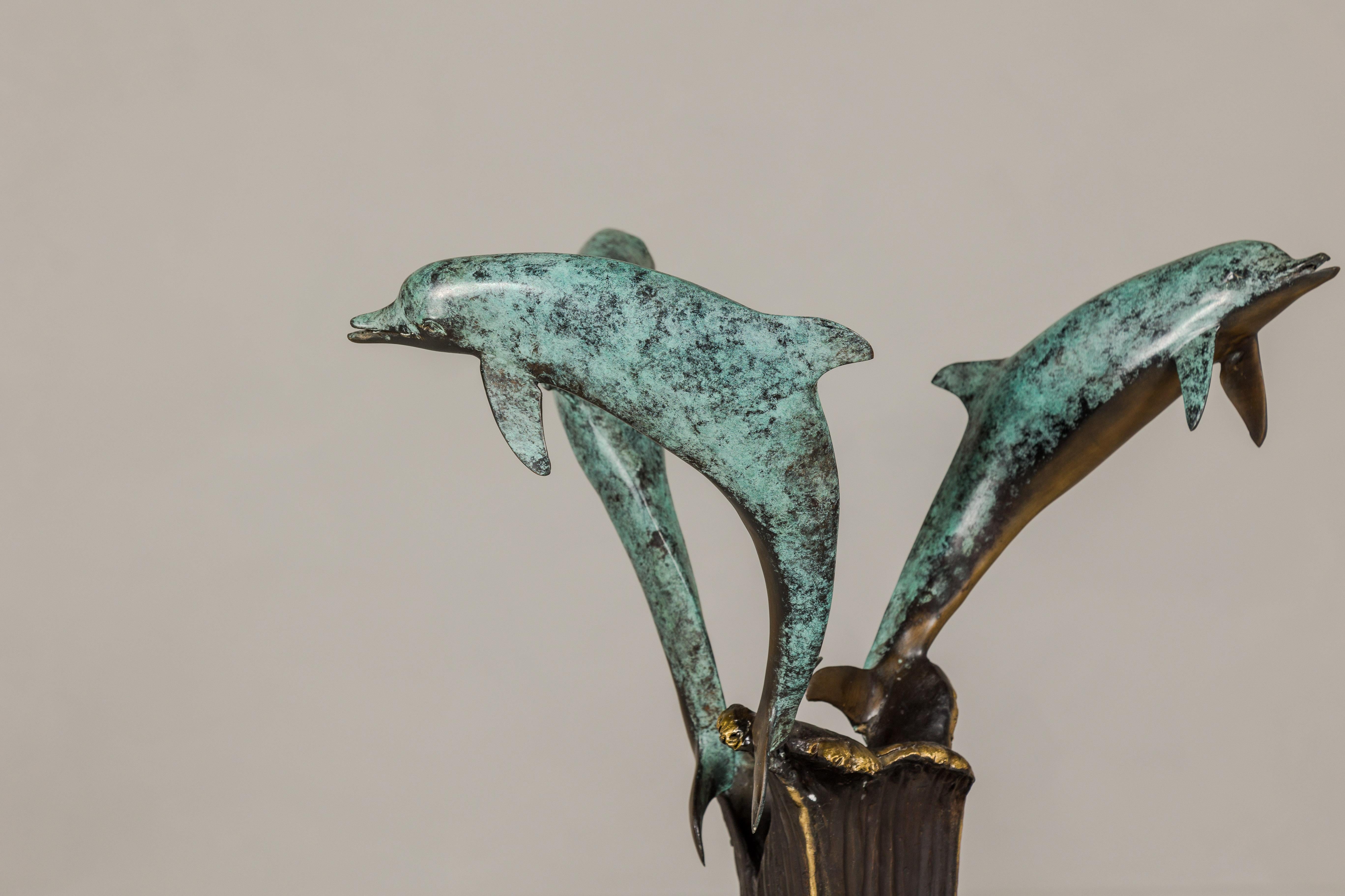 Bronze Triple Dolphin Table Base Sculpture with Verdigri Patina and Marble Stand For Sale 3