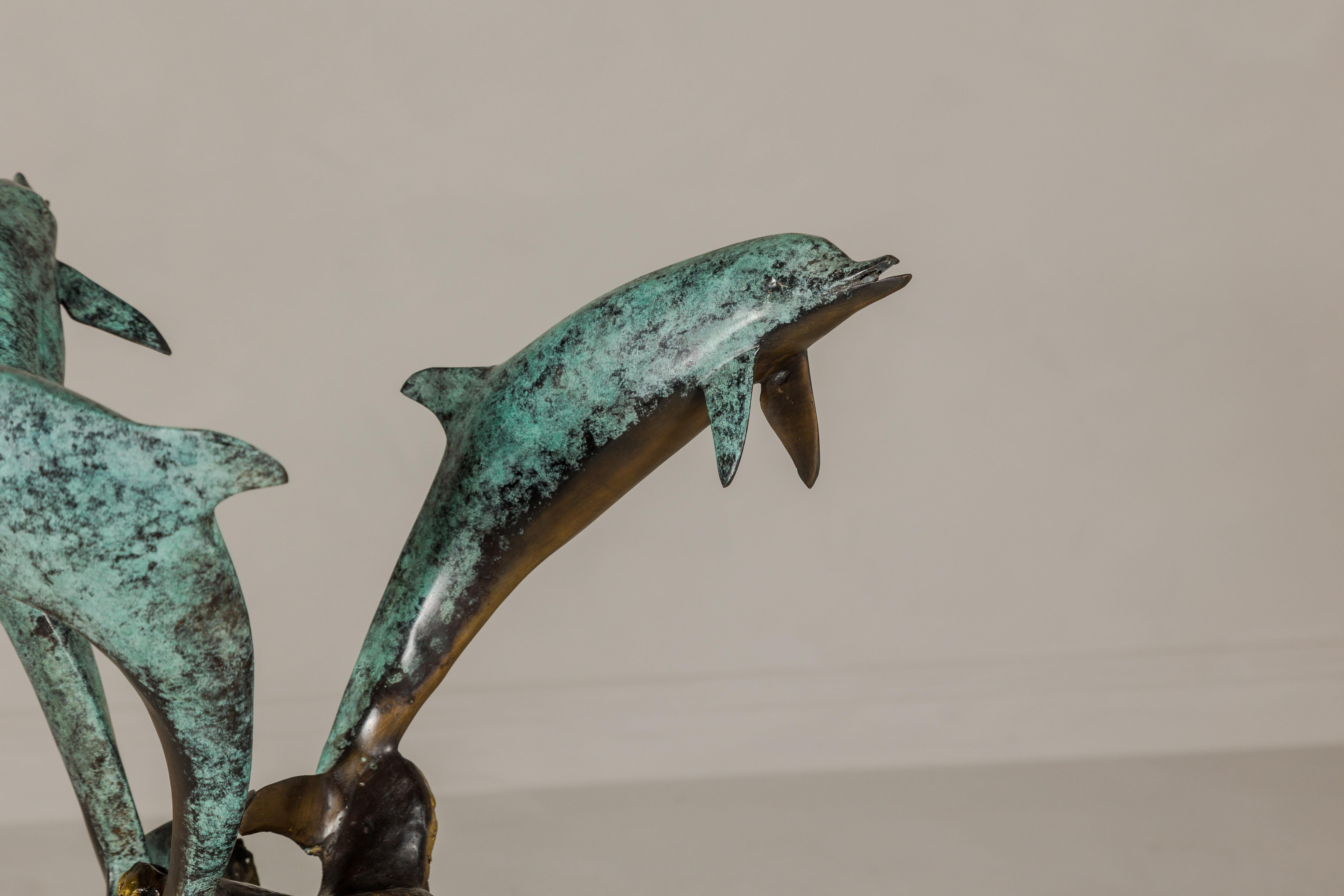 Bronze Triple Dolphin Table Base Sculpture with Verdigri Patina and Marble Stand For Sale 4
