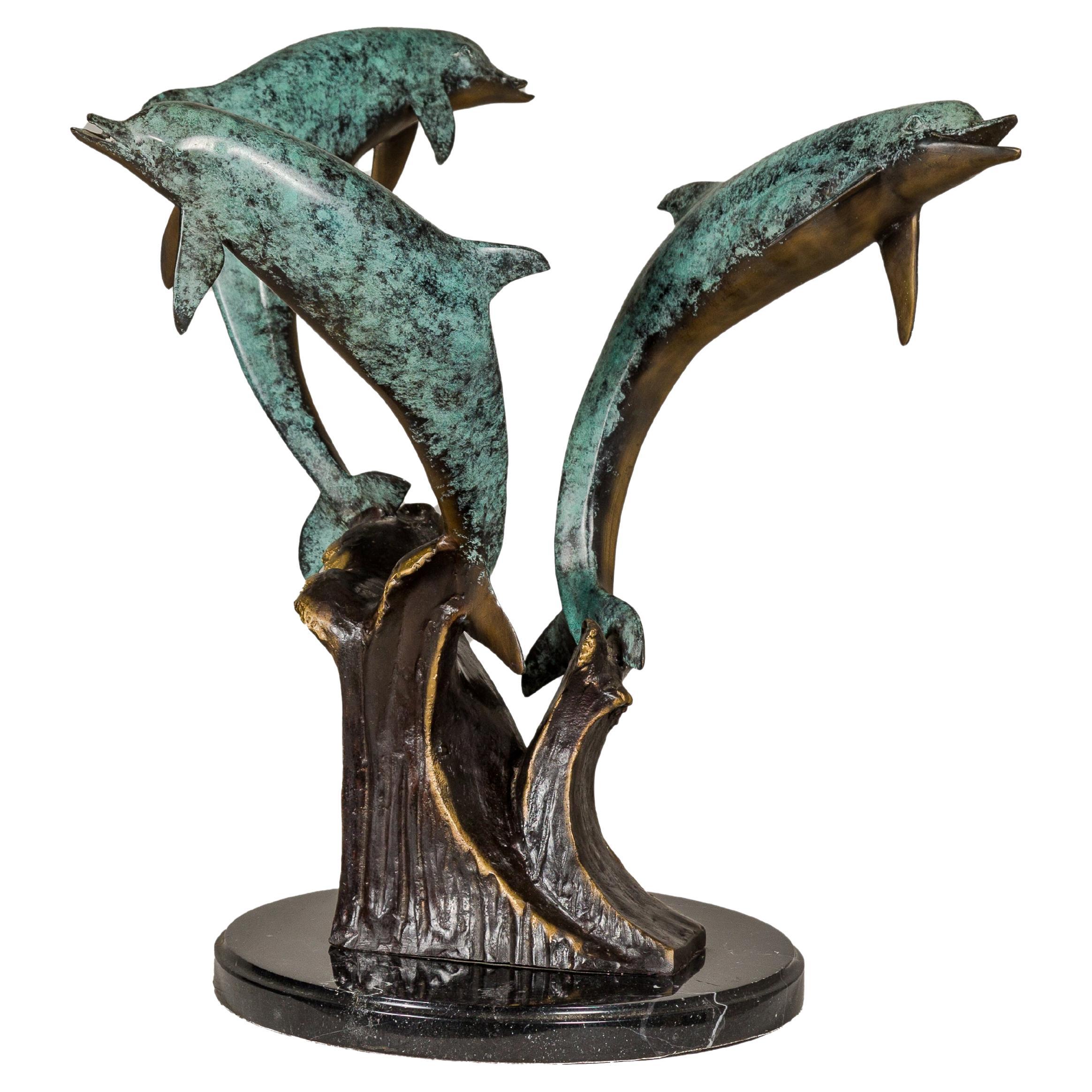 Bronze Triple Dolphin Table Base Sculpture with Verdigri Patina and Marble Stand For Sale