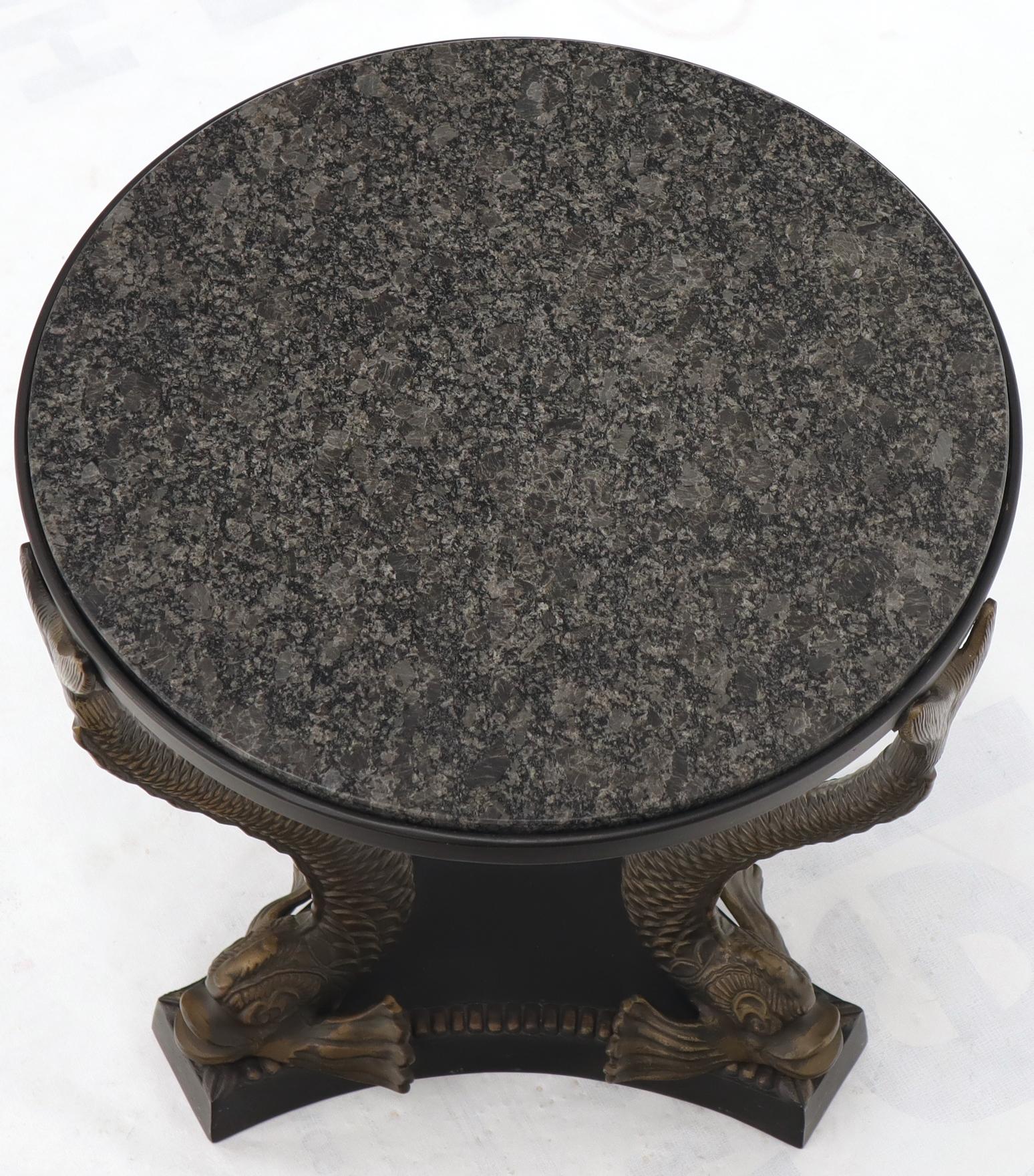 Bronze Triple Dolphins Base Granite Top Round Side End Table Pedestal For Sale 4