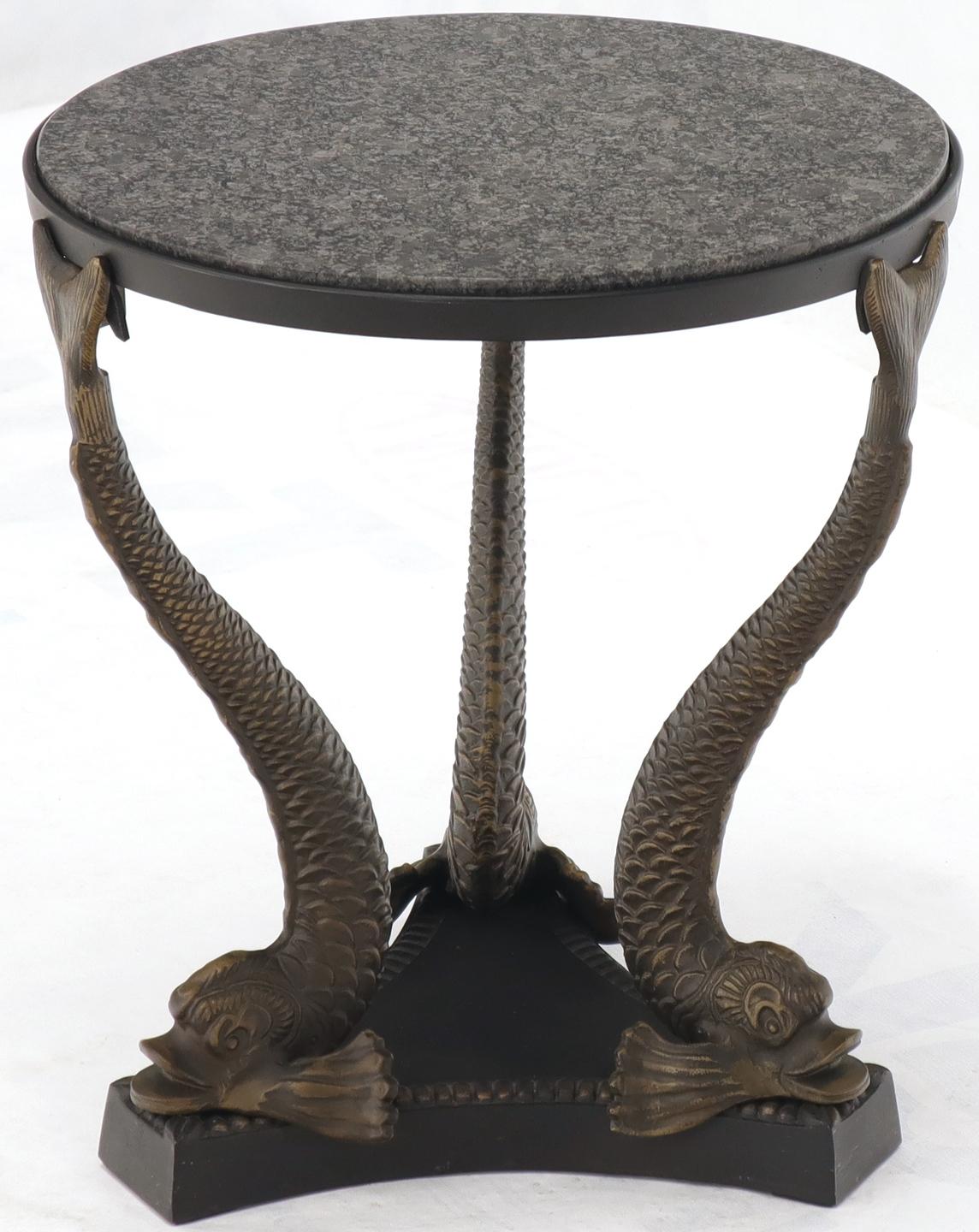 Bronze Triple Dolphins Base Granite Top Round Side End Table Pedestal For Sale 5