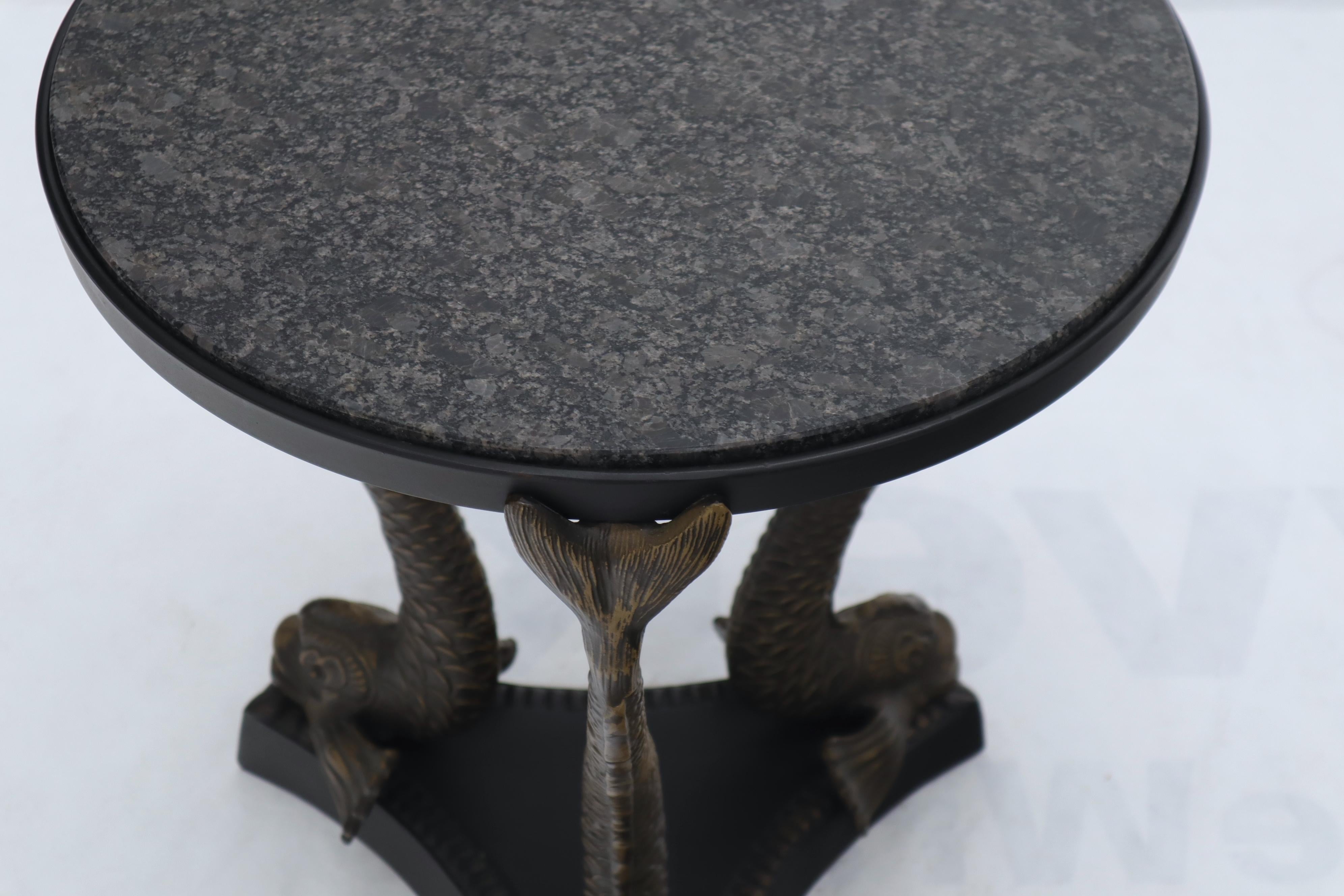 Bronze Triple Dolphins Base Granite Top Round Side End Table Pedestal In Excellent Condition For Sale In Rockaway, NJ