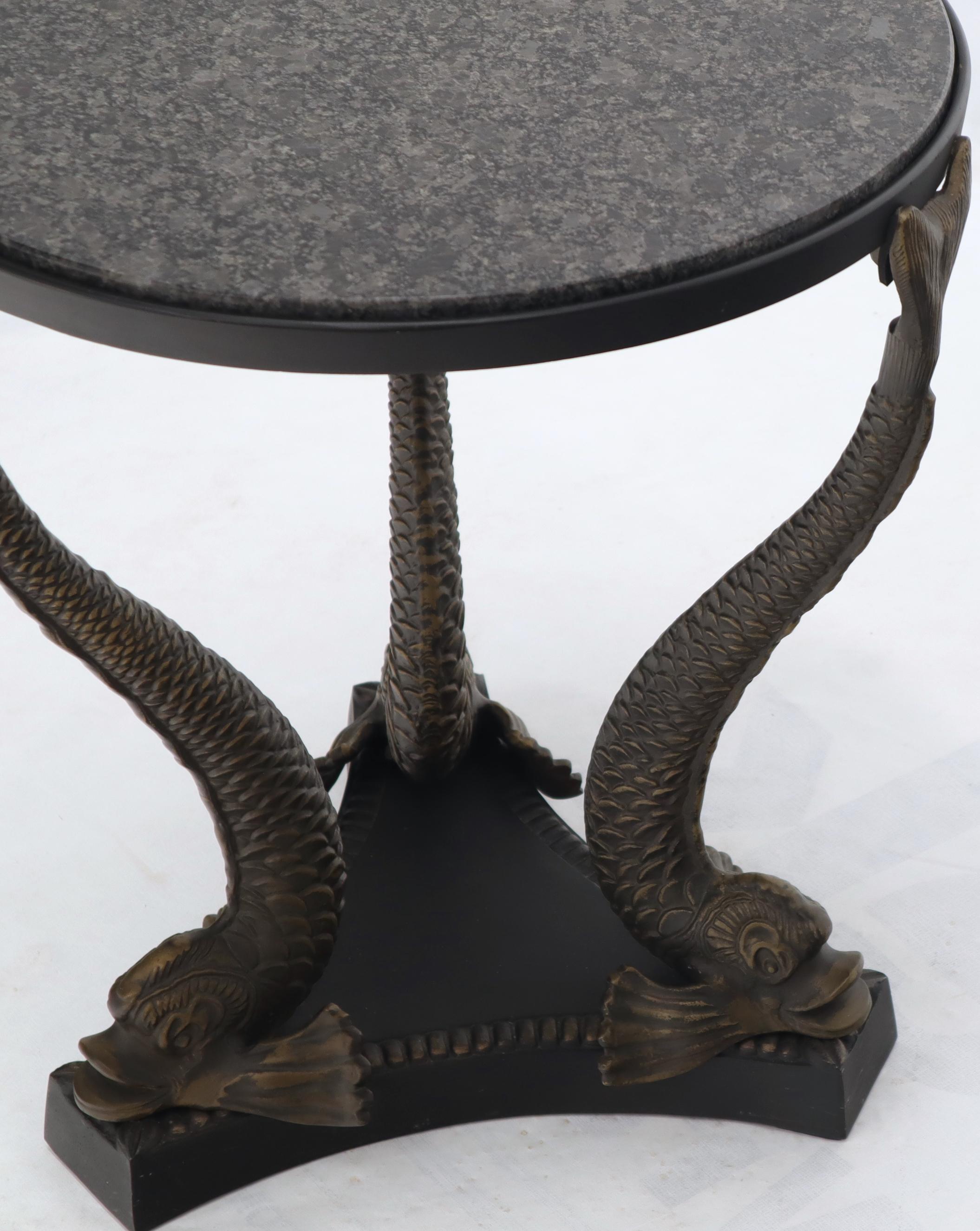 20th Century Bronze Triple Dolphins Base Granite Top Round Side End Table Pedestal For Sale