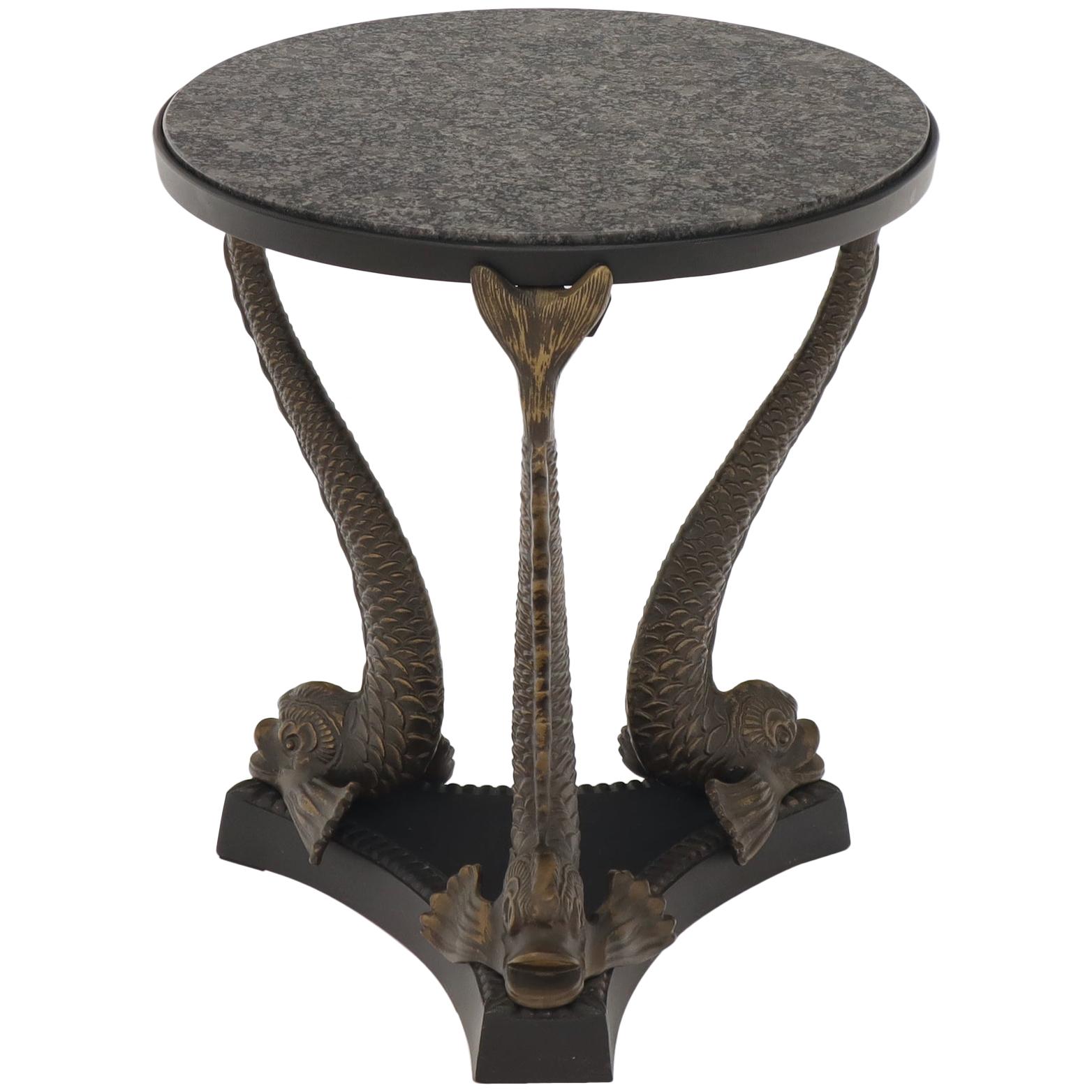 Bronze Triple Dolphins Base Granite Top Round Side End Table Pedestal For Sale