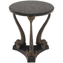 Bronze Triple Dolphins Base Granite Top Round Side End Table Pedestal