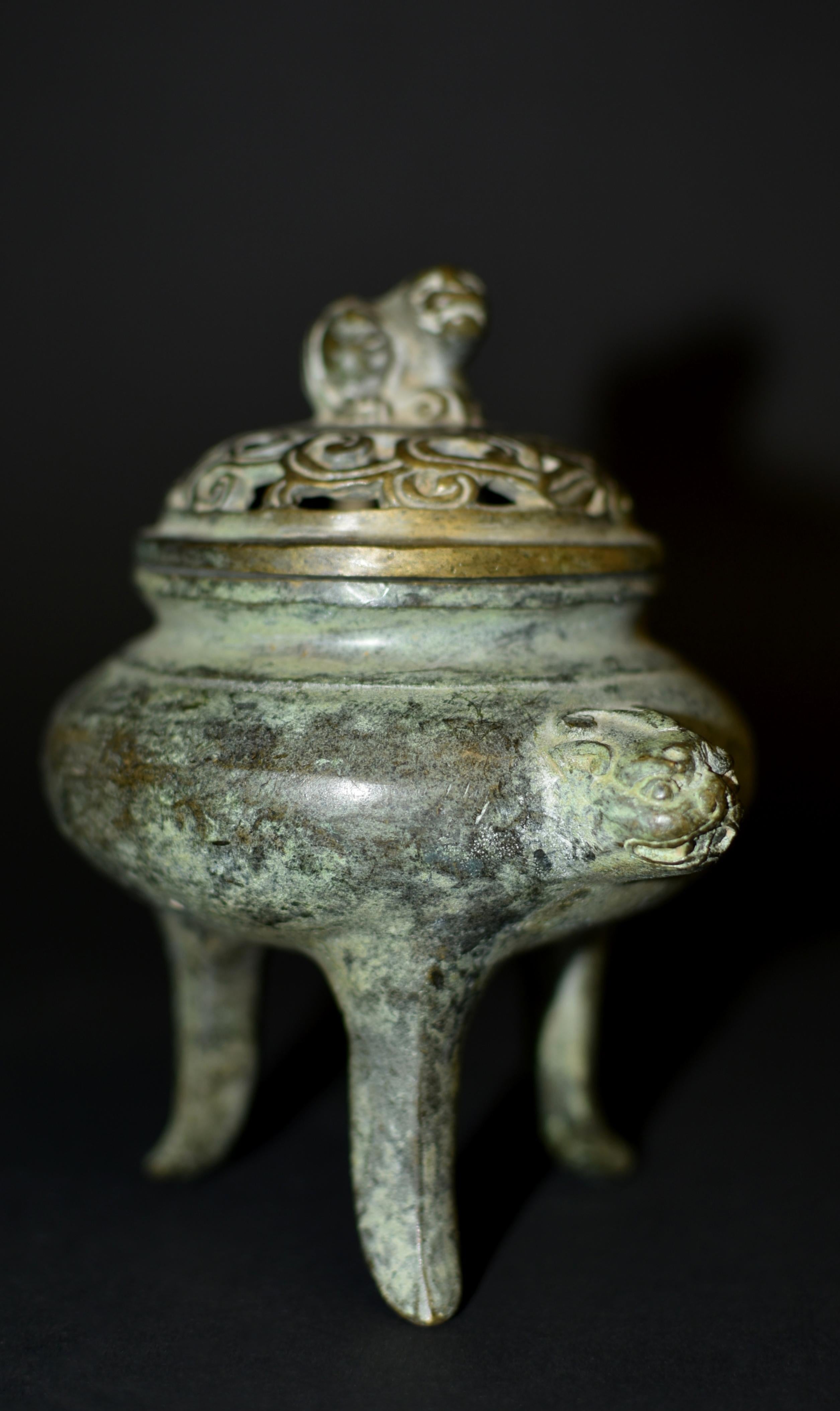 Bronze Tripod Censer Foo Dog Lion Incense Burner 6