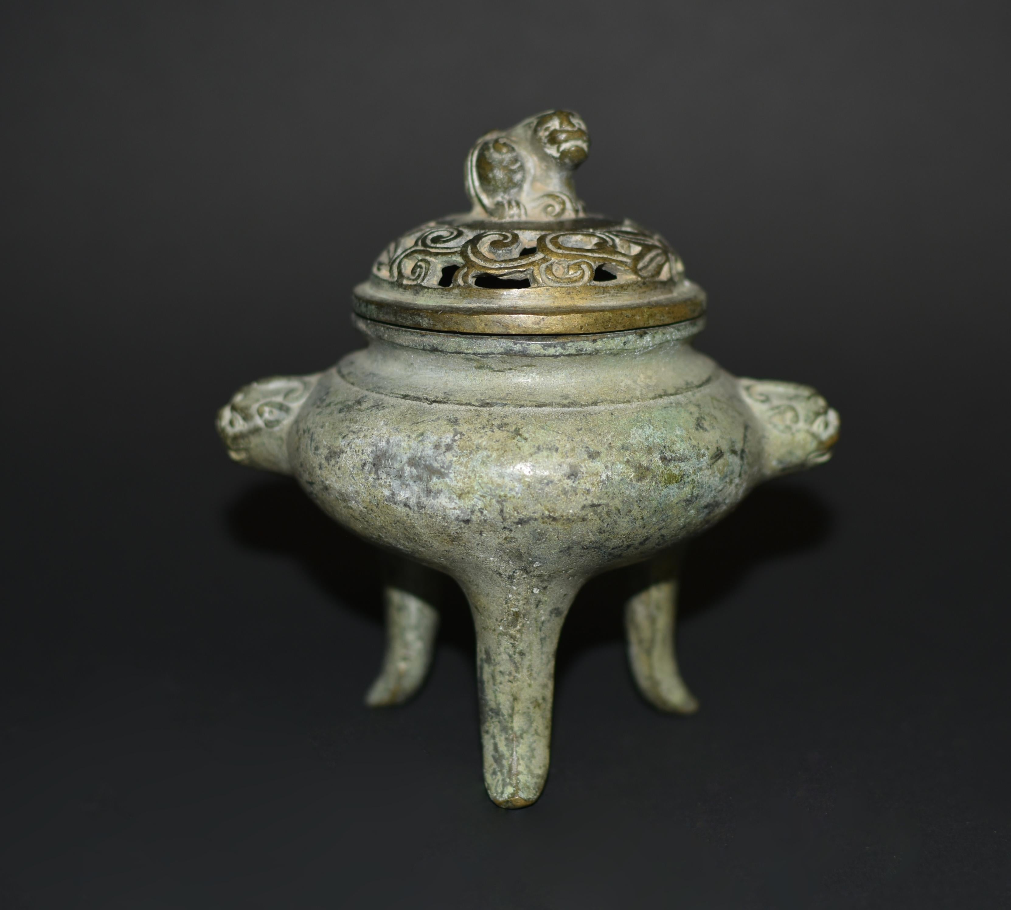 Ming Bronze Tripod Censer Foo Dog Lion Incense Burner