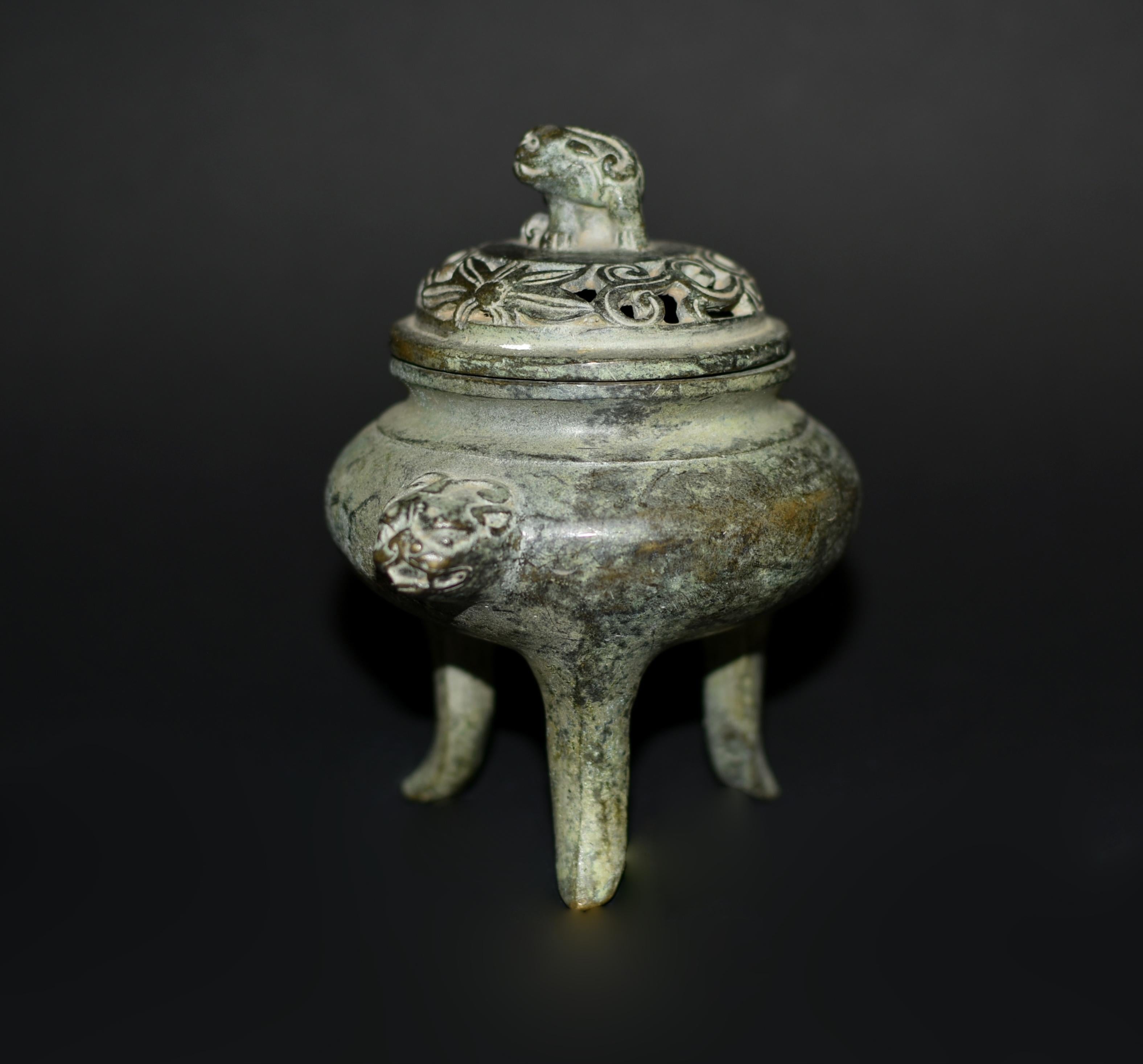 Chinese Bronze Tripod Censer Foo Dog Lion Incense Burner