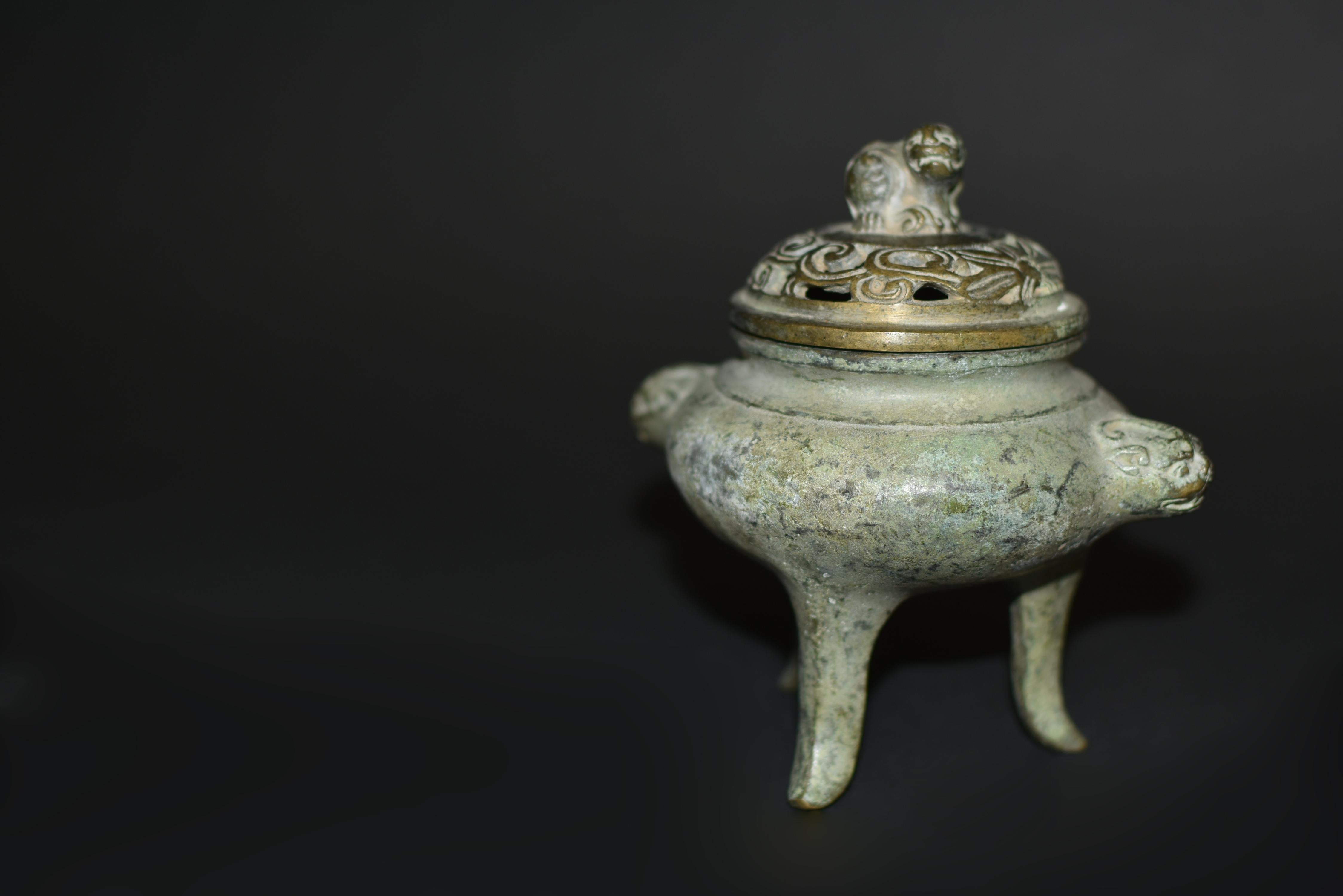 Bronze Tripod Censer Foo Dog Lion Incense Burner In Good Condition In Somis, CA
