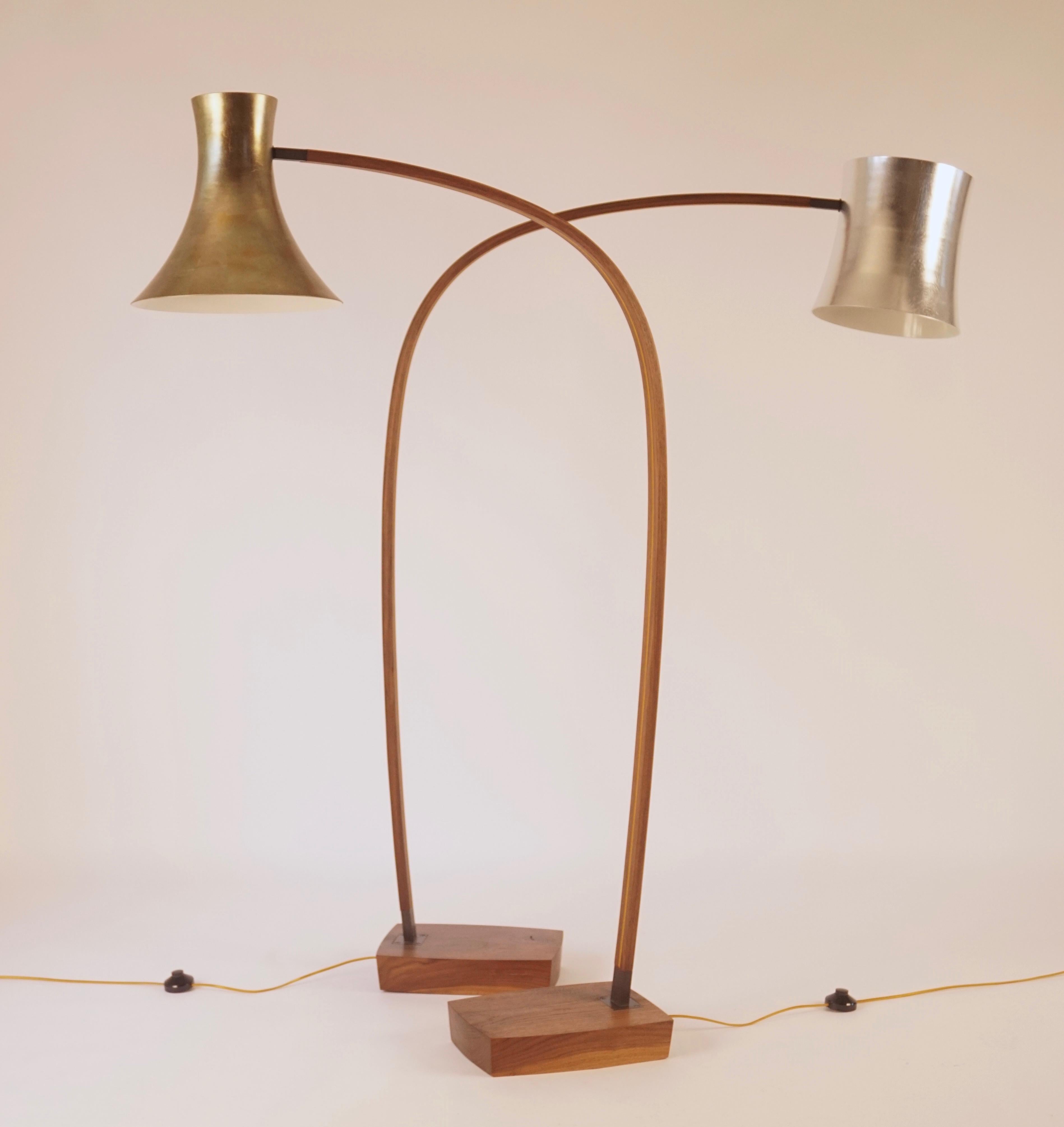 American Bronze Leafed Trumpet Shaped Floor Lamp with Walnut Laminated Arm  For Sale