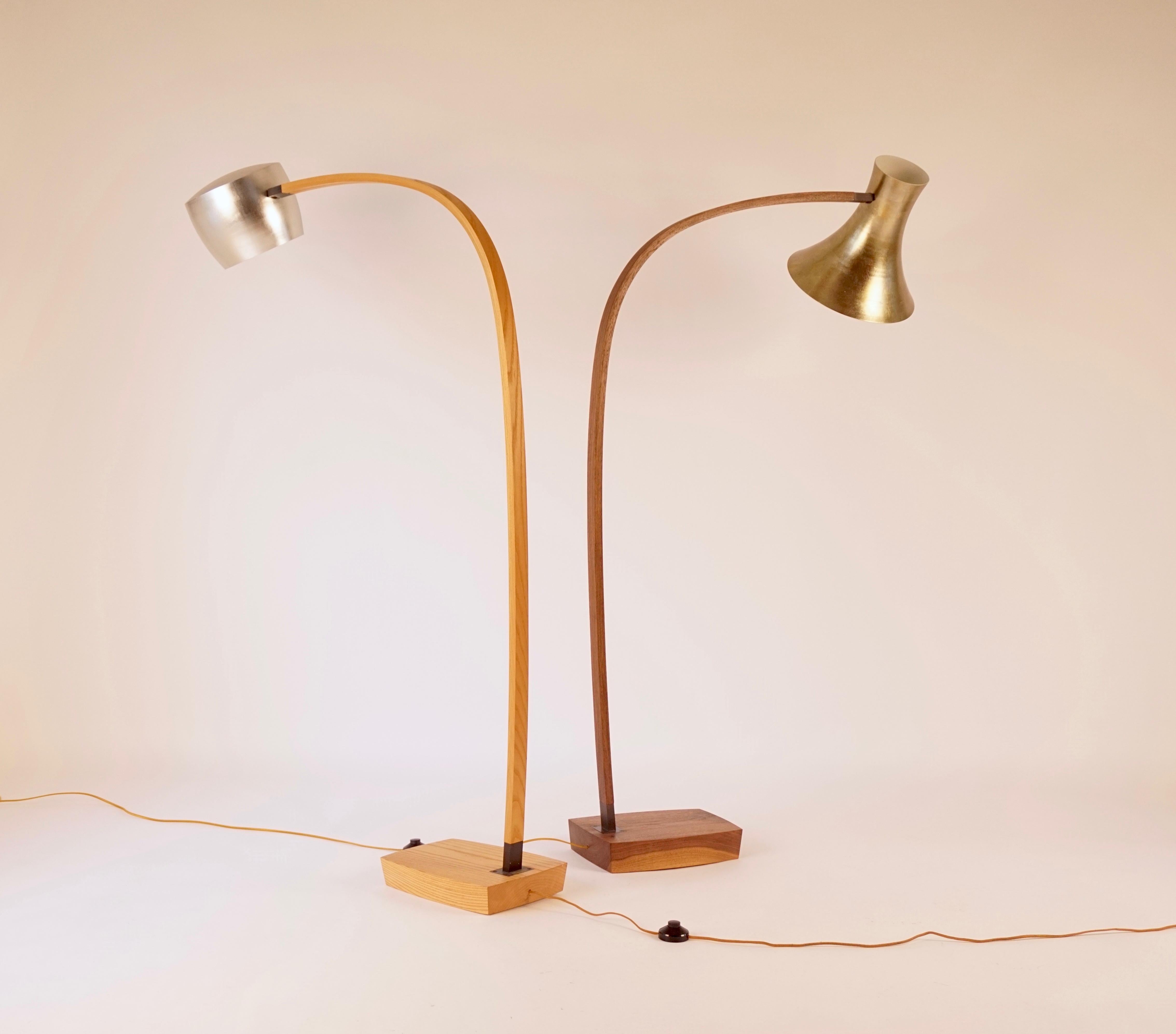 Aluminum Bronze Leafed Trumpet Shaped Floor Lamp with Walnut Laminated Arm  For Sale