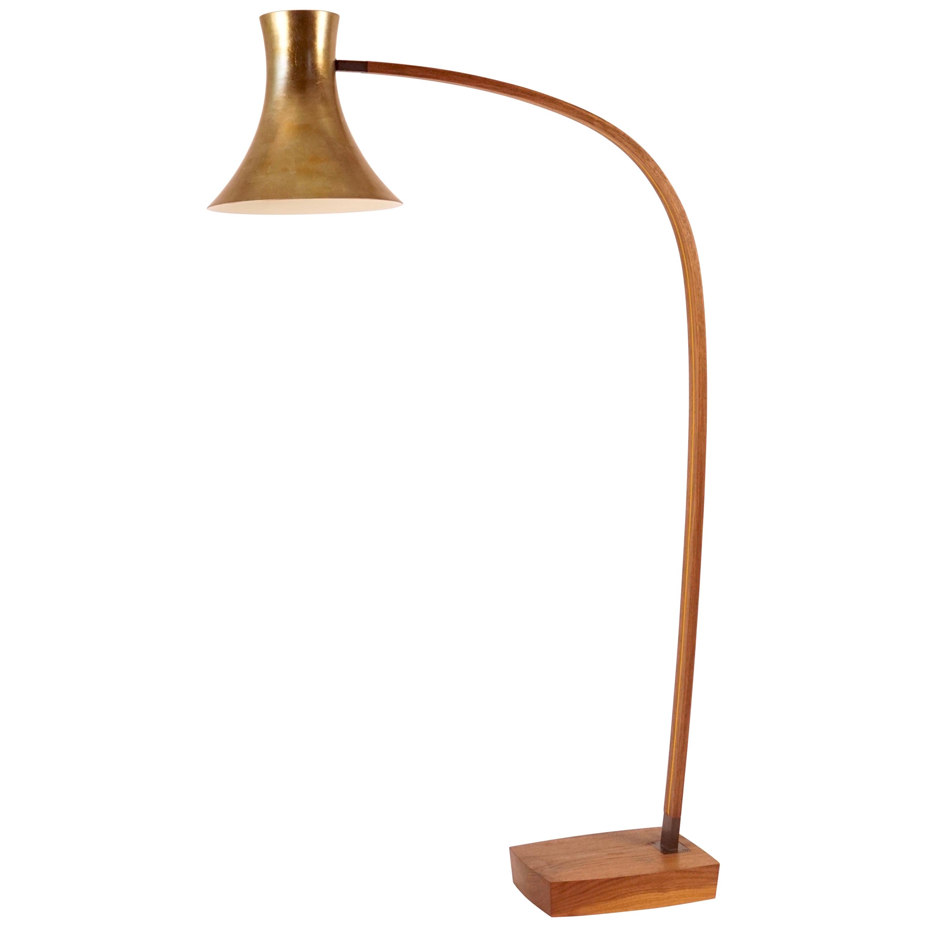 Bronze Leafed Trumpet Shaped Floor Lamp with Walnut Laminated Arm  For Sale