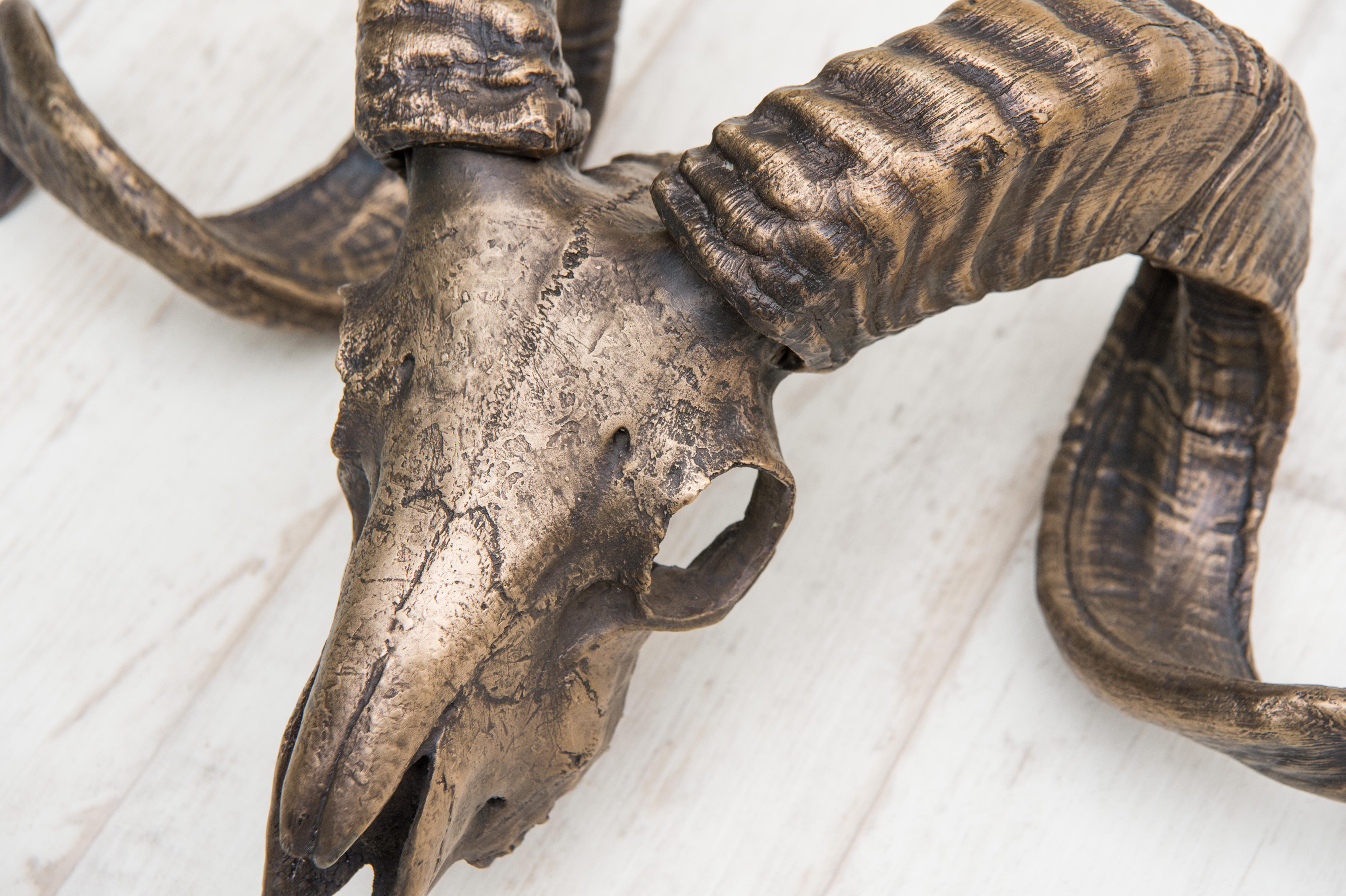 Un crâne de mouton toscan en bronze moulé. Cette pièce d'accent a été patinée puis brunie pour faire ressortir chaque nuance unique du matériau et du crâne.  À placer sur un mur au-dessus d'une cheminée et/ou comme support mural ou sur une table.