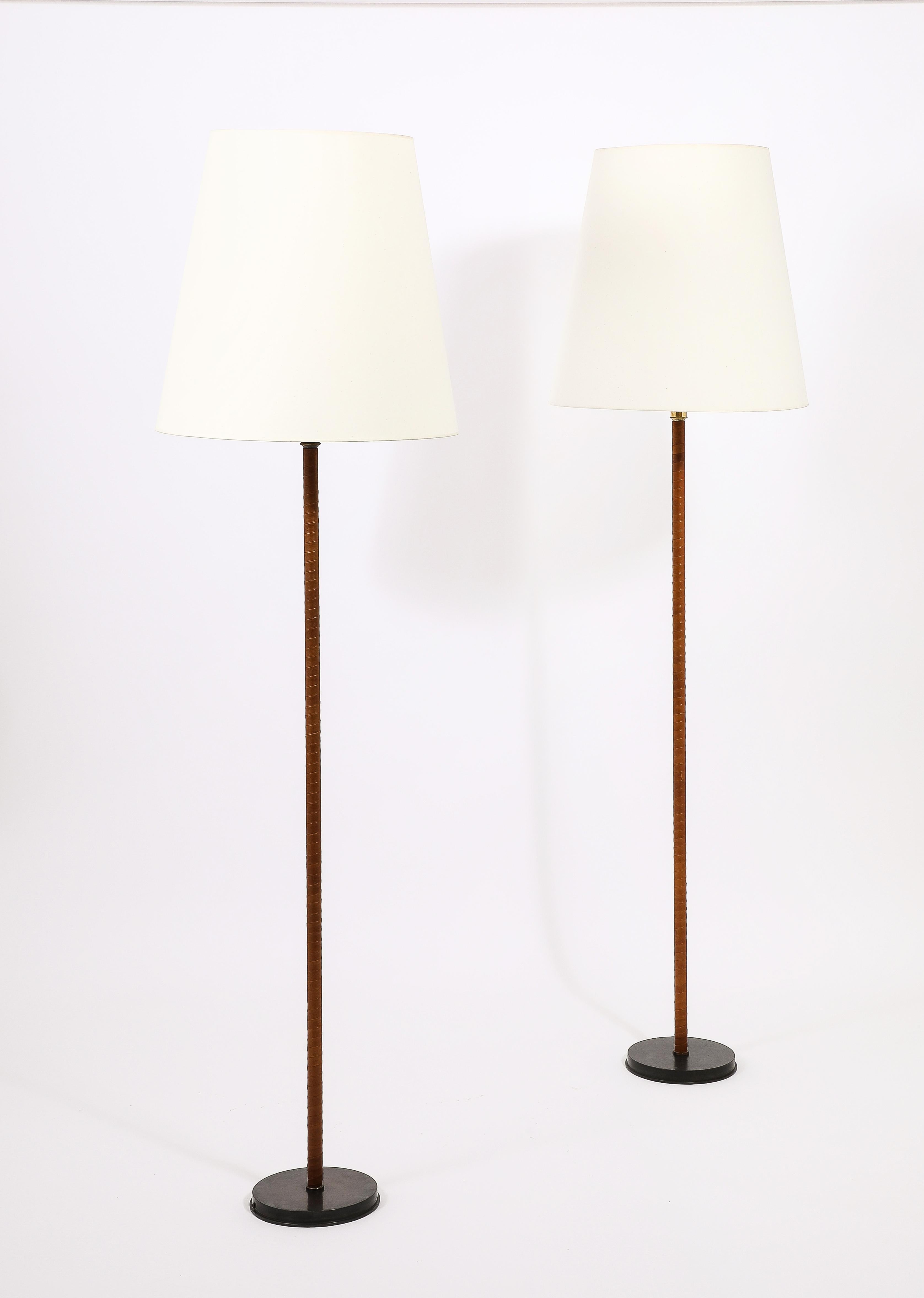 Spanish Bronze & Twist Leather Wrapped Floor Lamps, Spain 1950's For Sale