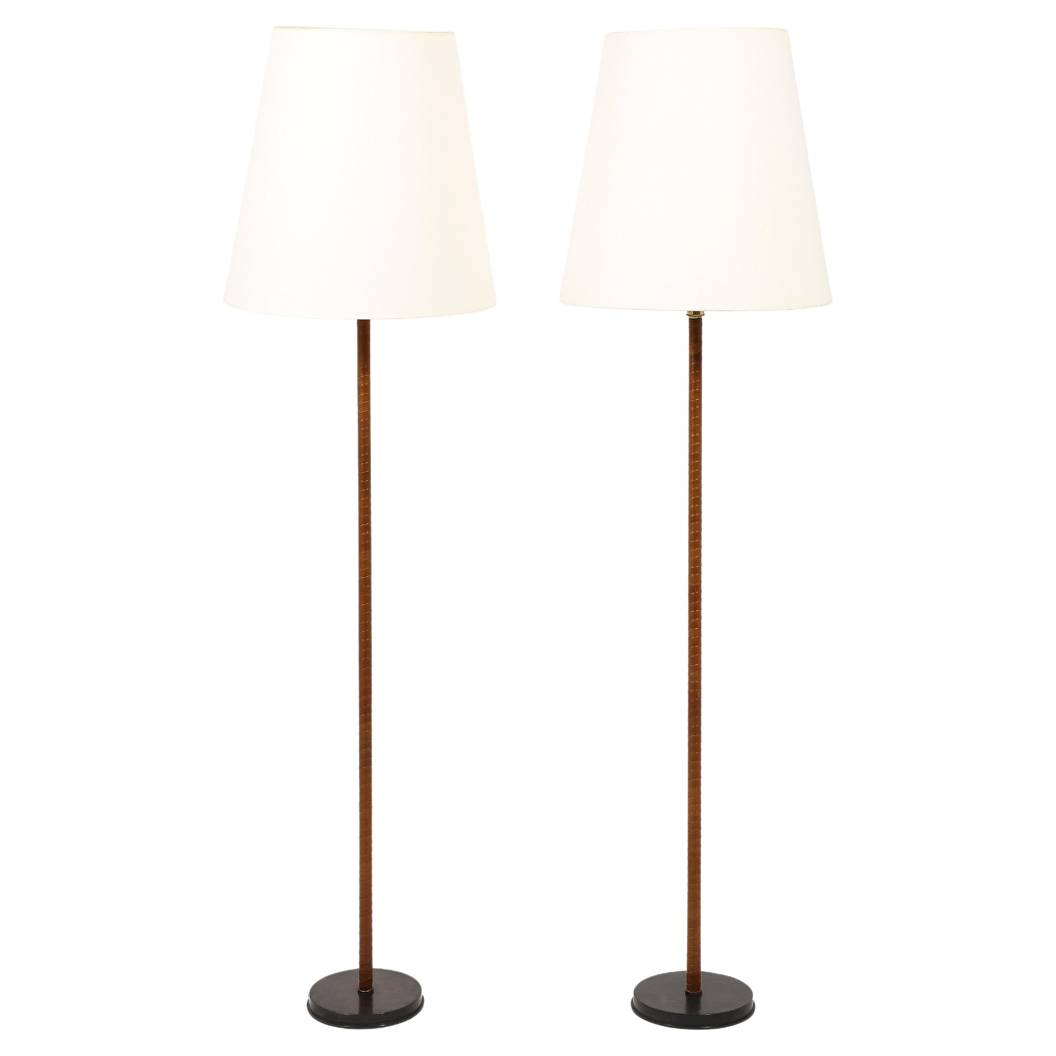 Bronze & Twist Leather Wrapped Floor Lamps, Spain 1950's For Sale