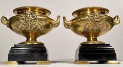 Bronze Urn Vases French Pair on Marble Bases 19th Century