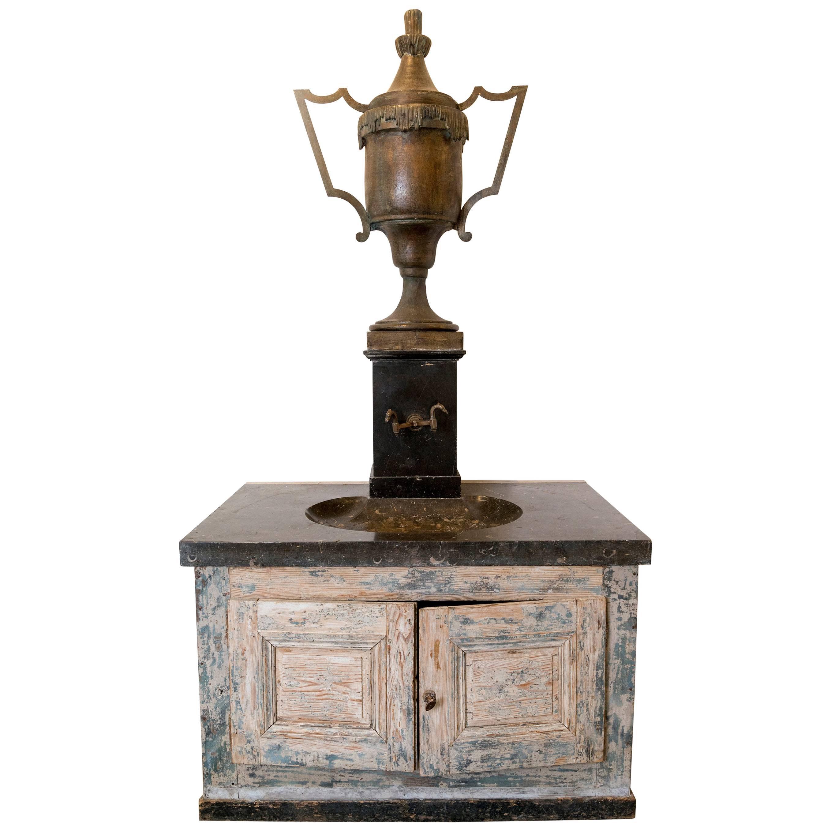 Bronze Vase Fountain with Black Marble Sink and Patina Base
