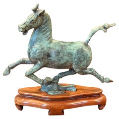 Bronze Verdigris Chinese T’ang Horse Sculpture on Wood Base