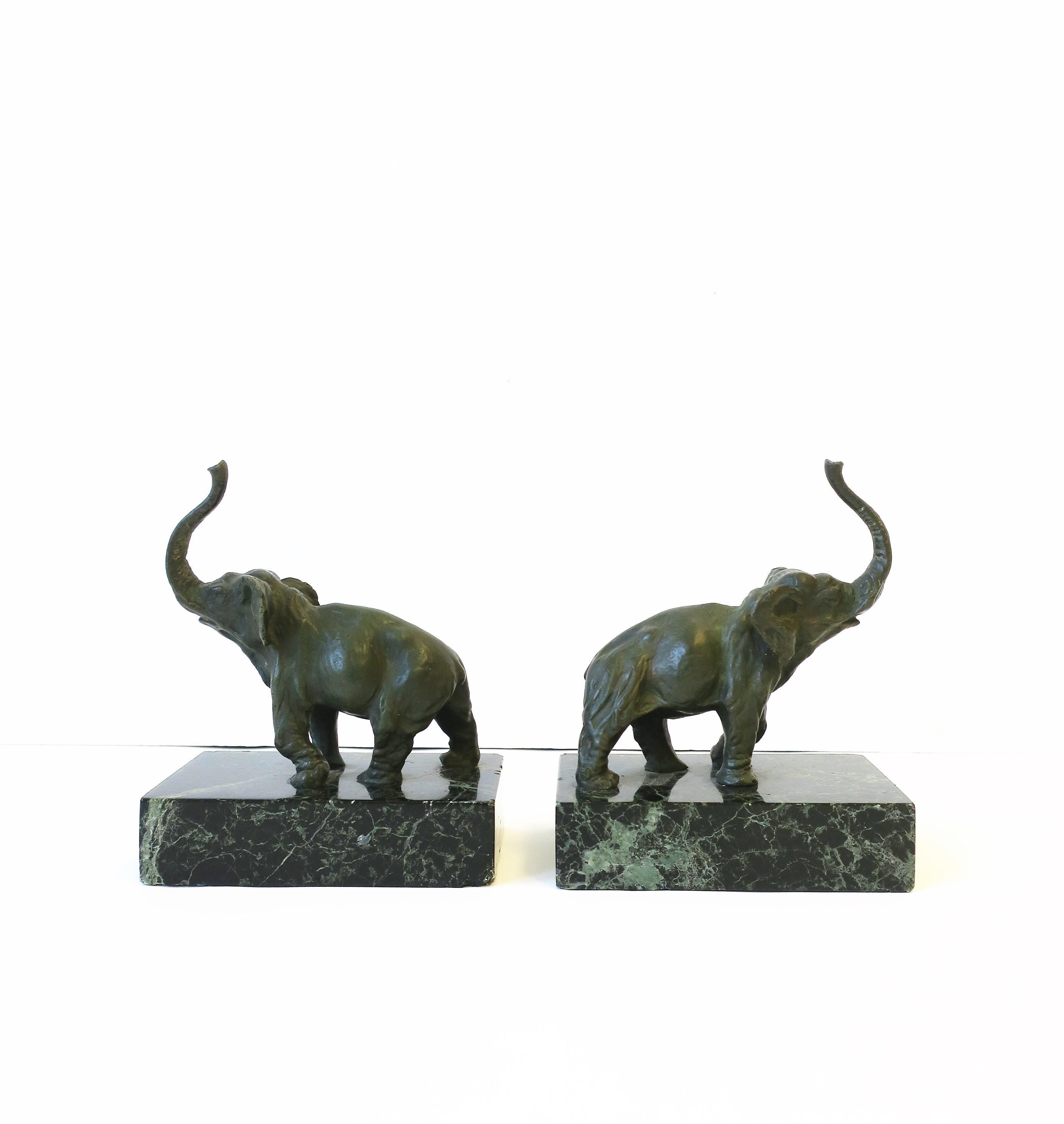 European Bronze and Dark Green Marble Elephant Bookends, Pair