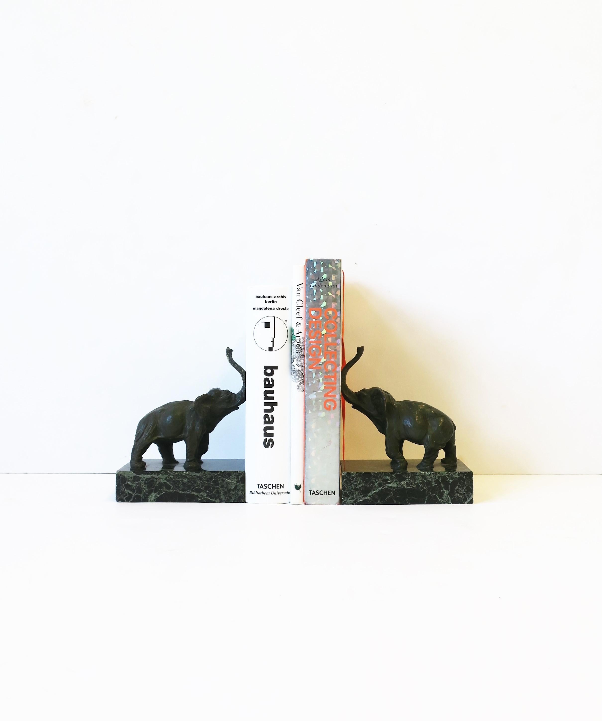 20th Century Bronze and Dark Green Marble Elephant Bookends, Pair