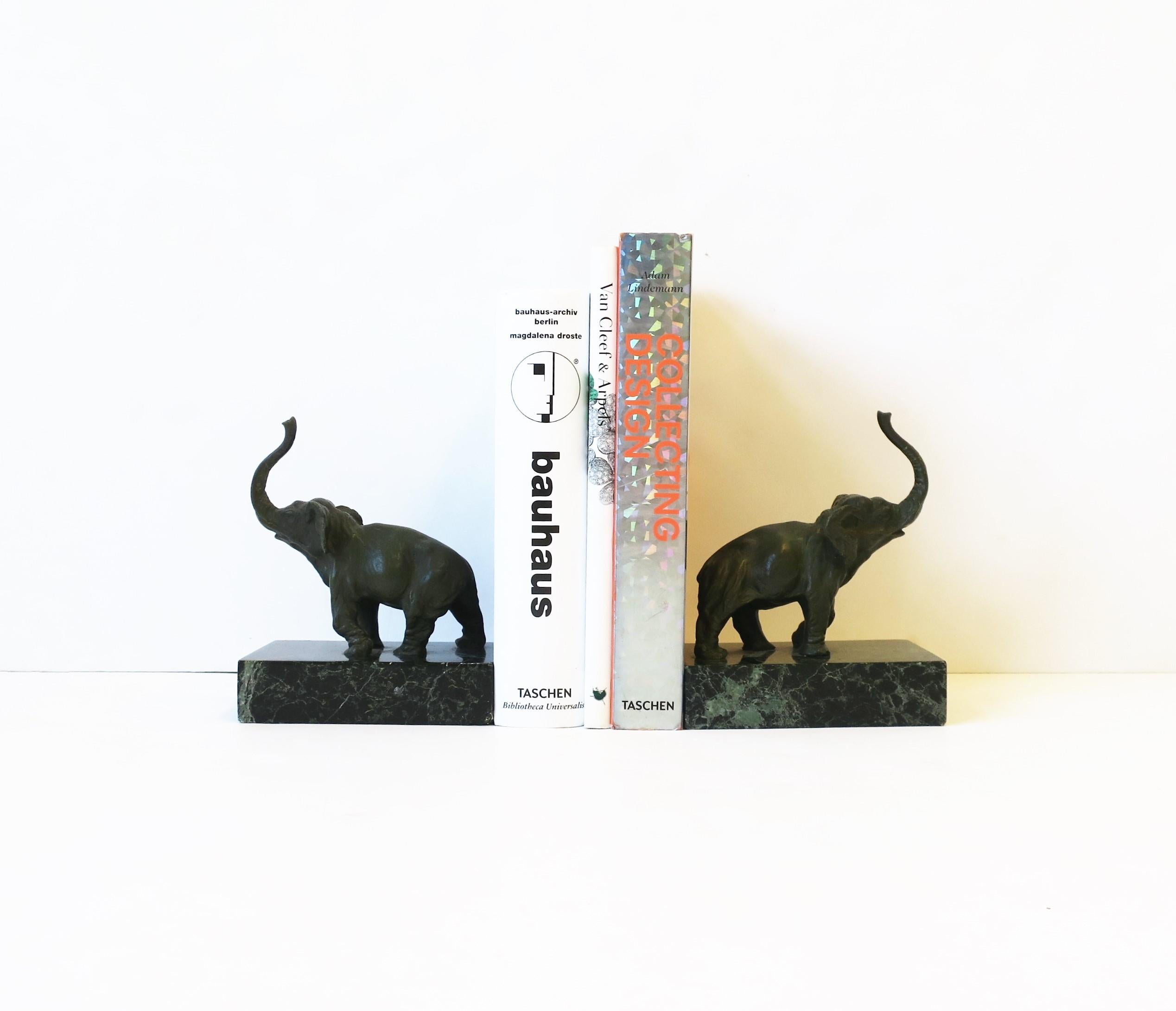 Brass Bronze and Dark Green Marble Elephant Bookends, Pair